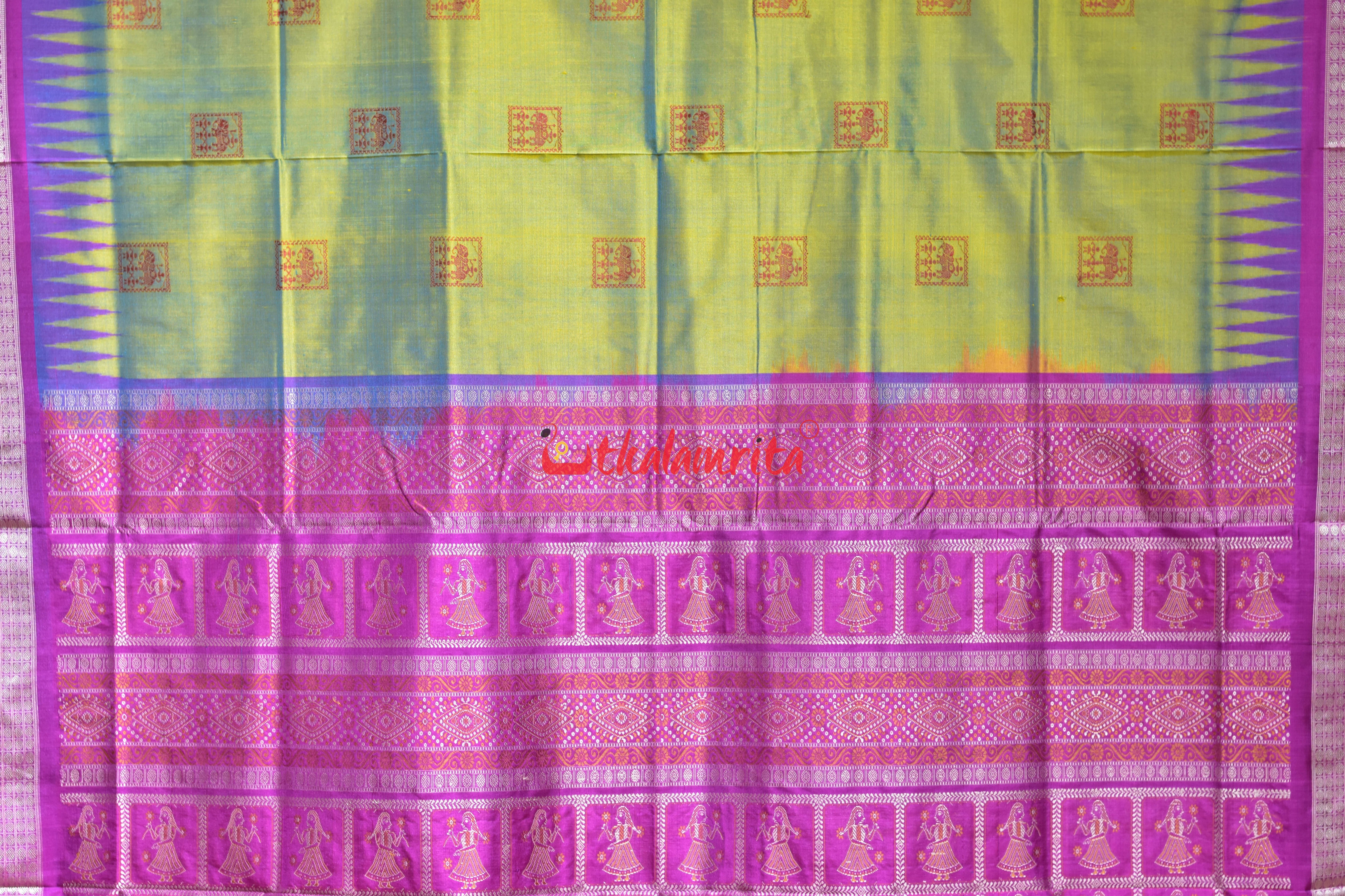 Green Pink Dual Shade Tribal Elephant Bomkai Silk Saree
