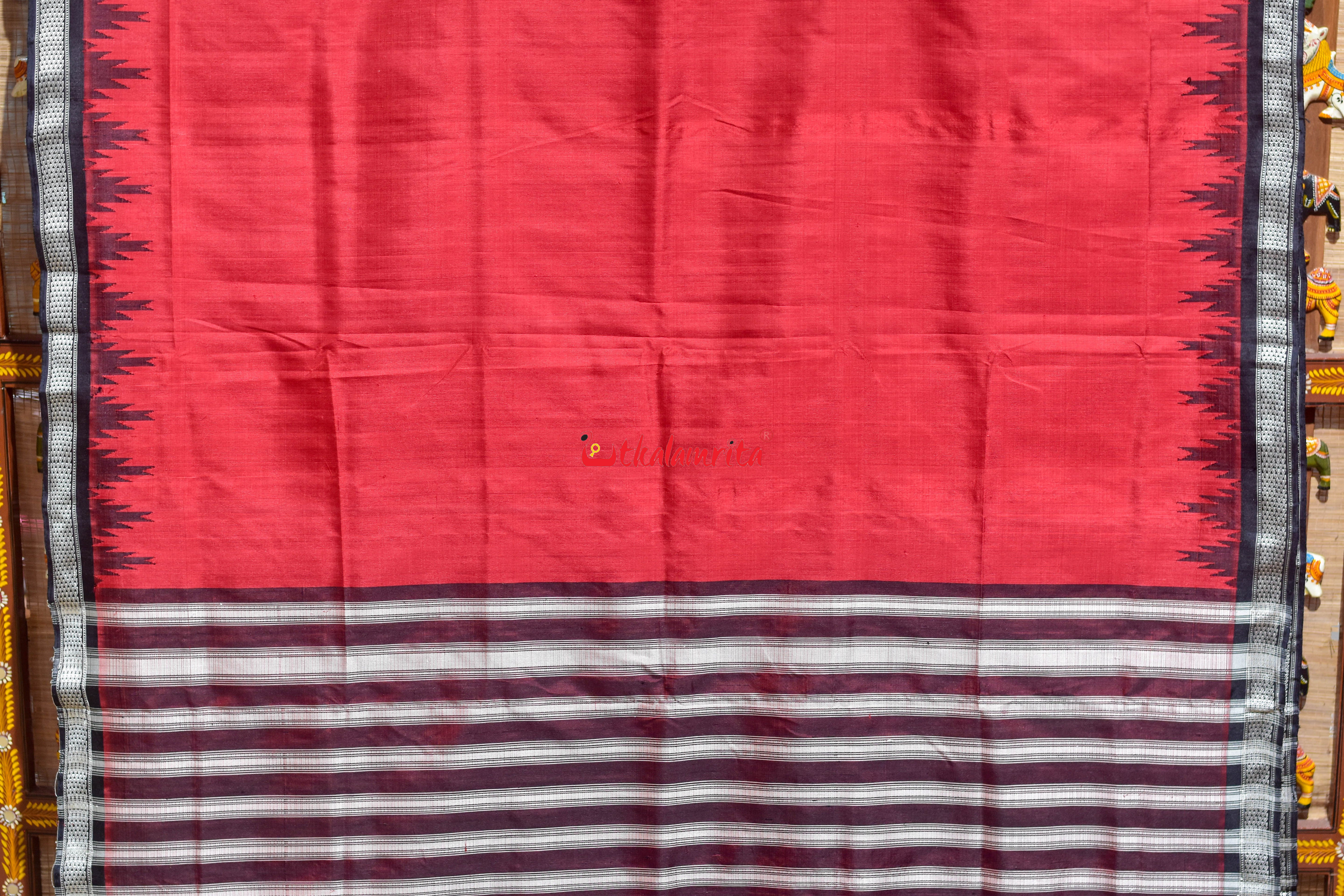 Red Black Single Anchal Berhampuri Silk Saree