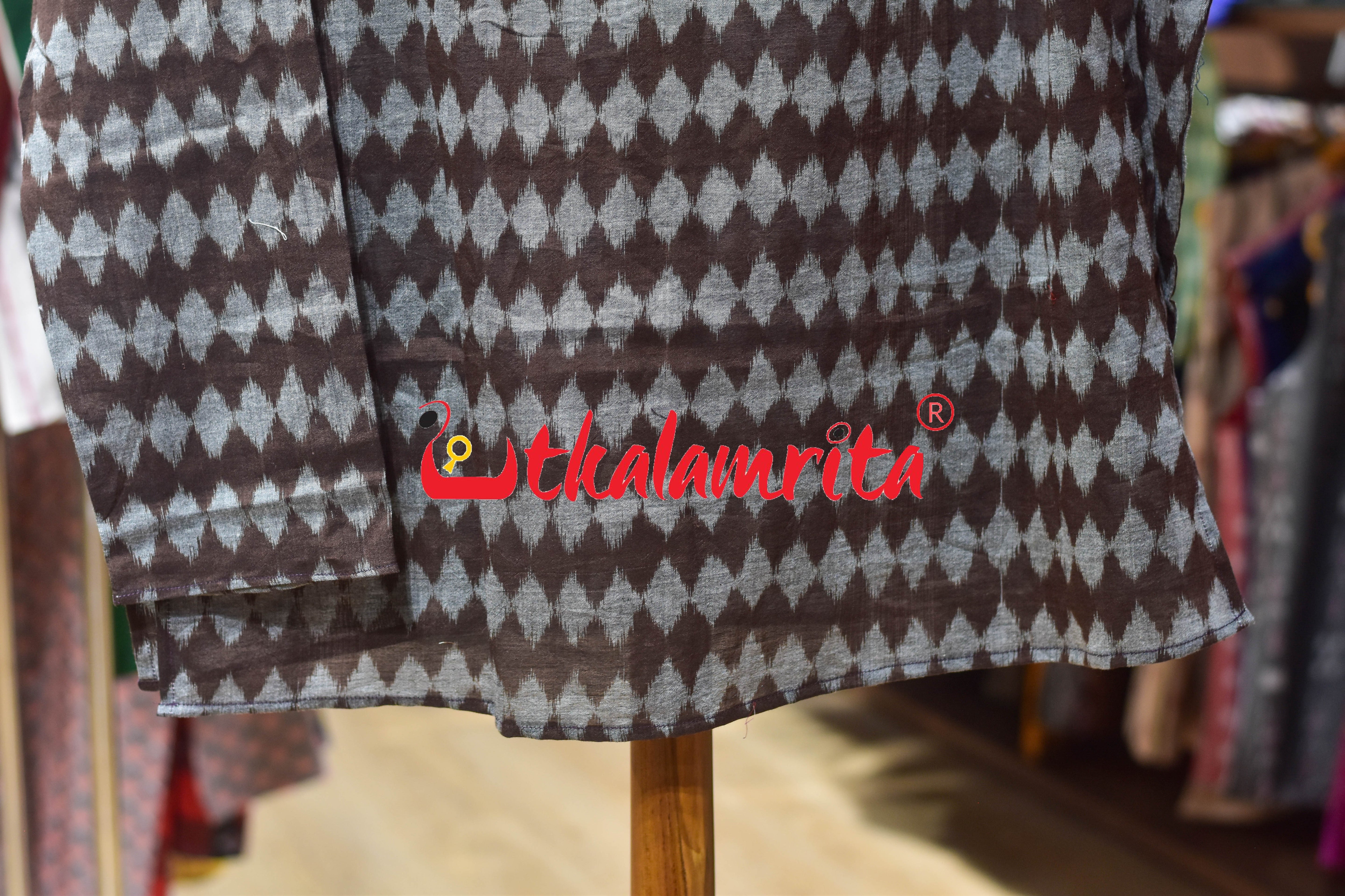 Grey Dots on Coffee Ikat Designer (Men's Short Kurta)