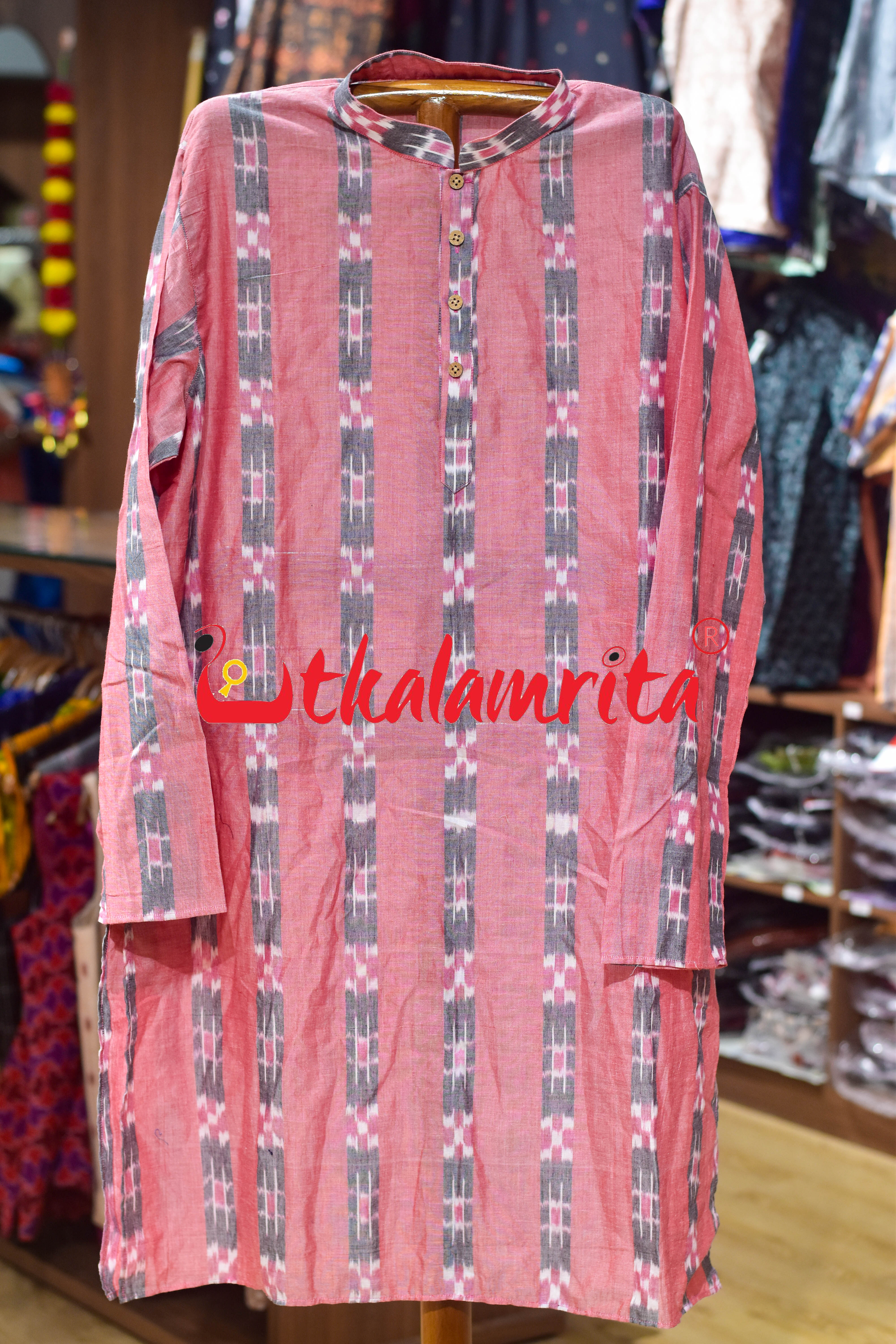 Peach Body Grey Lines Pasapali (Men's Long Kurta)