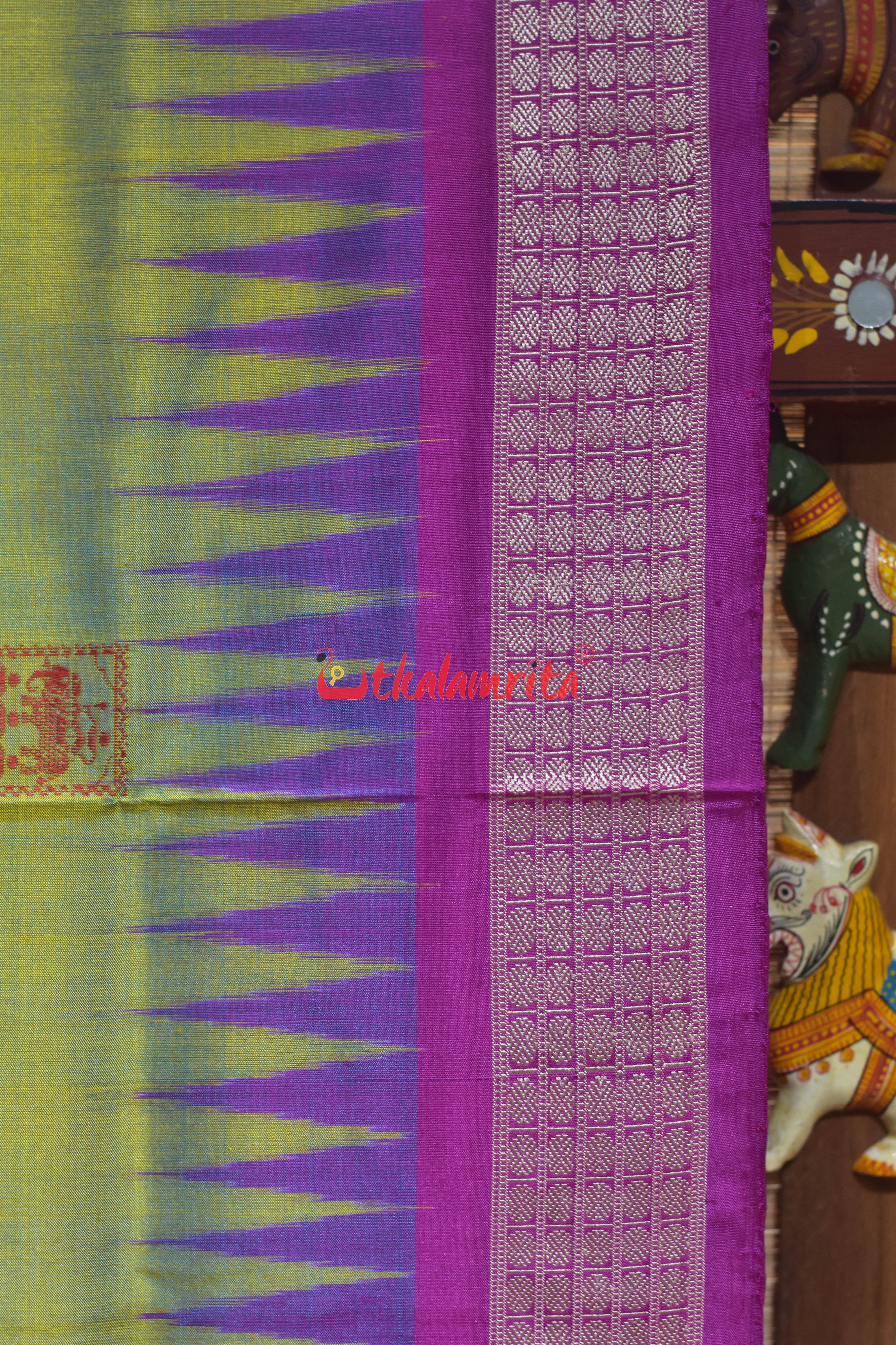 Green Pink Dual Shade Tribal Elephant Bomkai Silk Saree