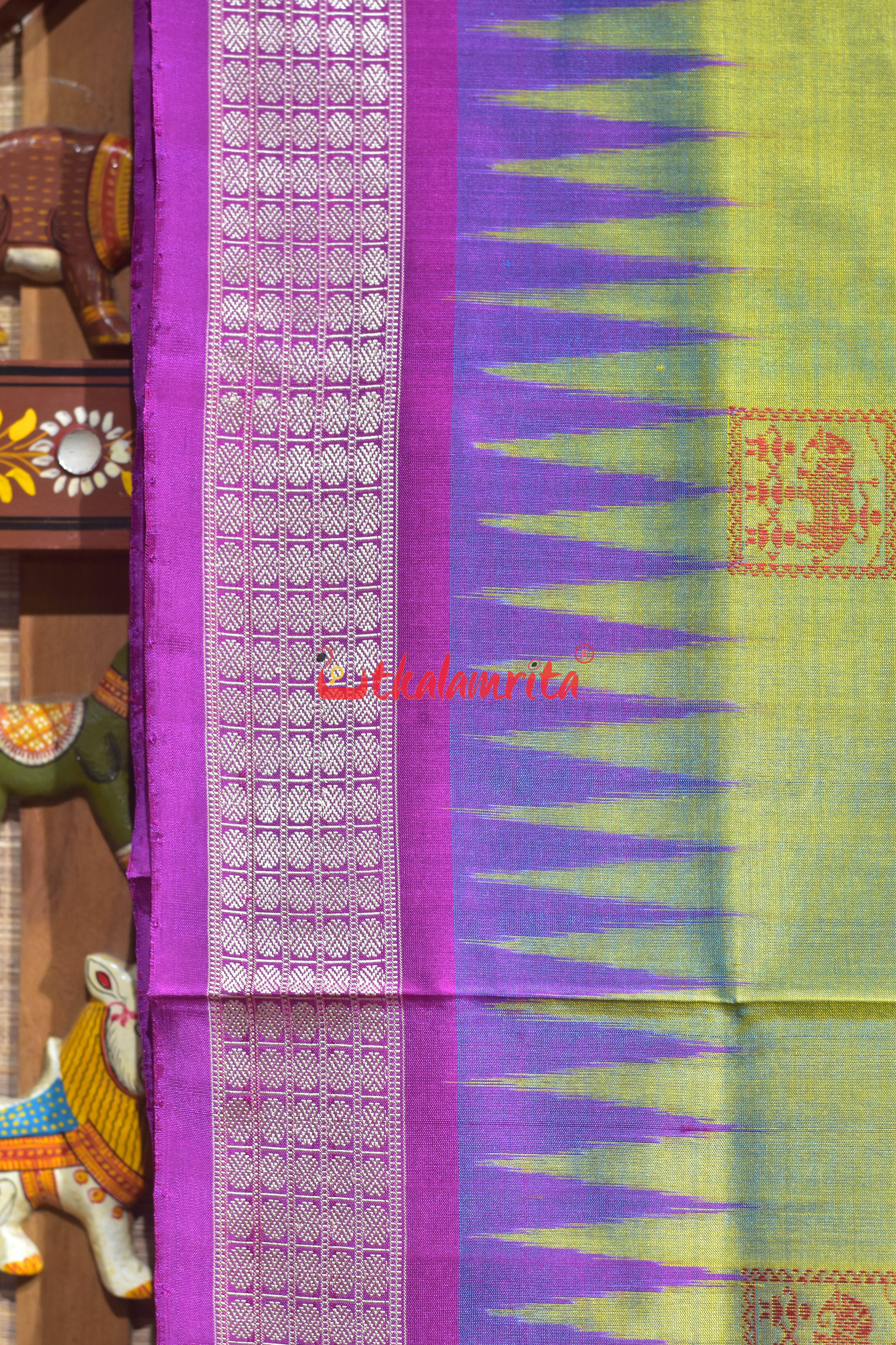 Green Pink Dual Shade Tribal Elephant Bomkai Silk Saree