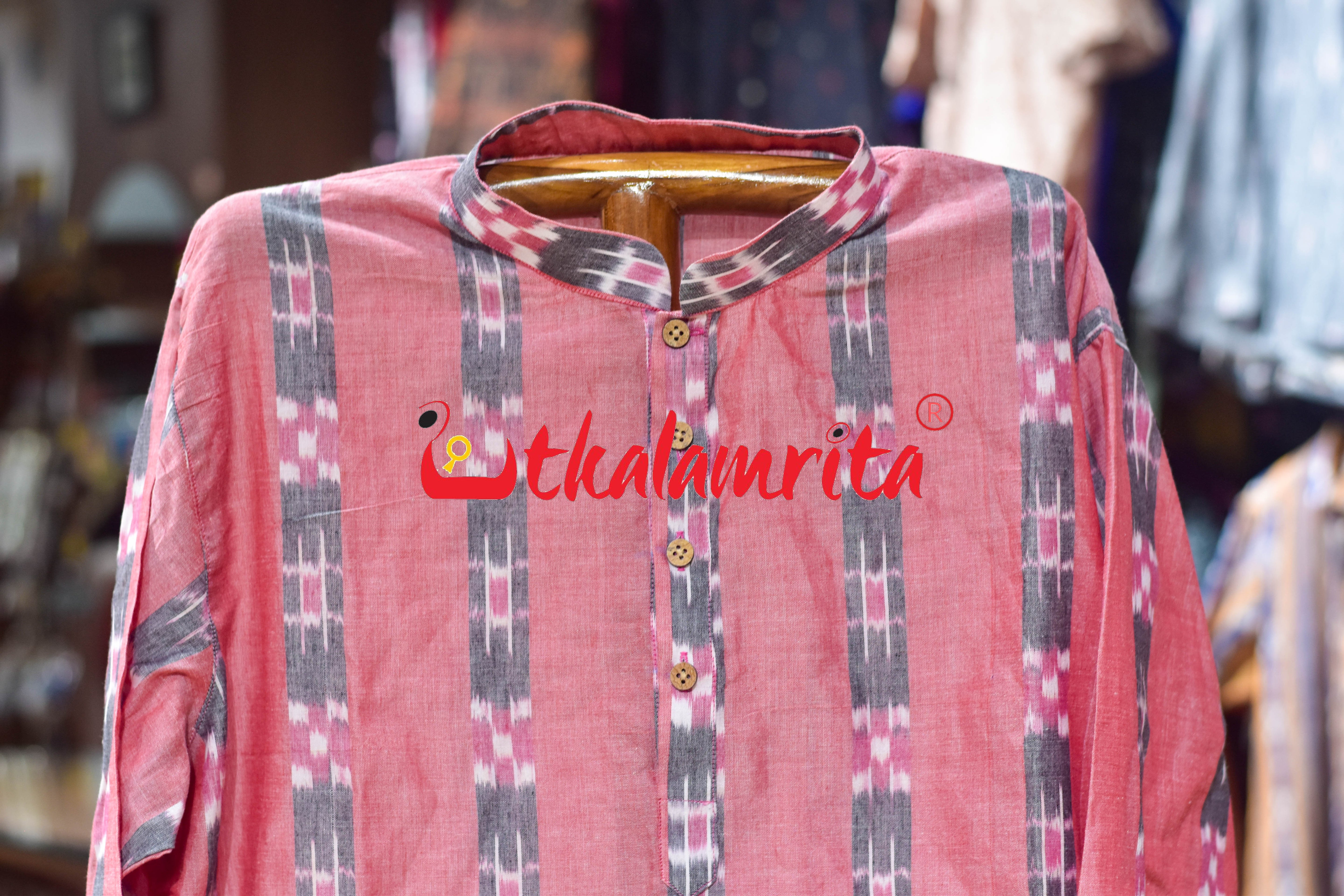 Peach Body Grey Lines Pasapali (Men's Long Kurta)