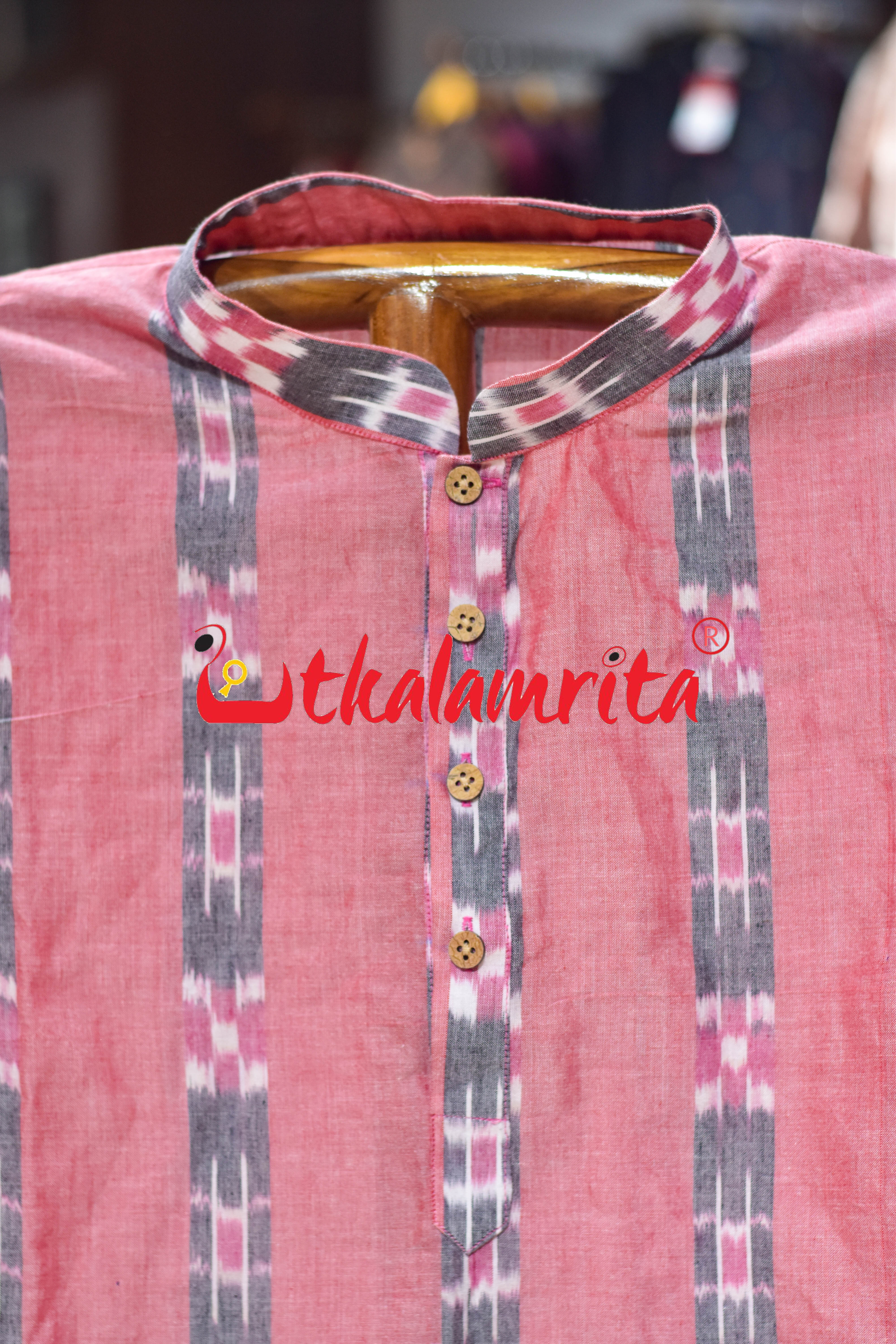 Peach Body Grey Lines Pasapali (Men's Long Kurta)