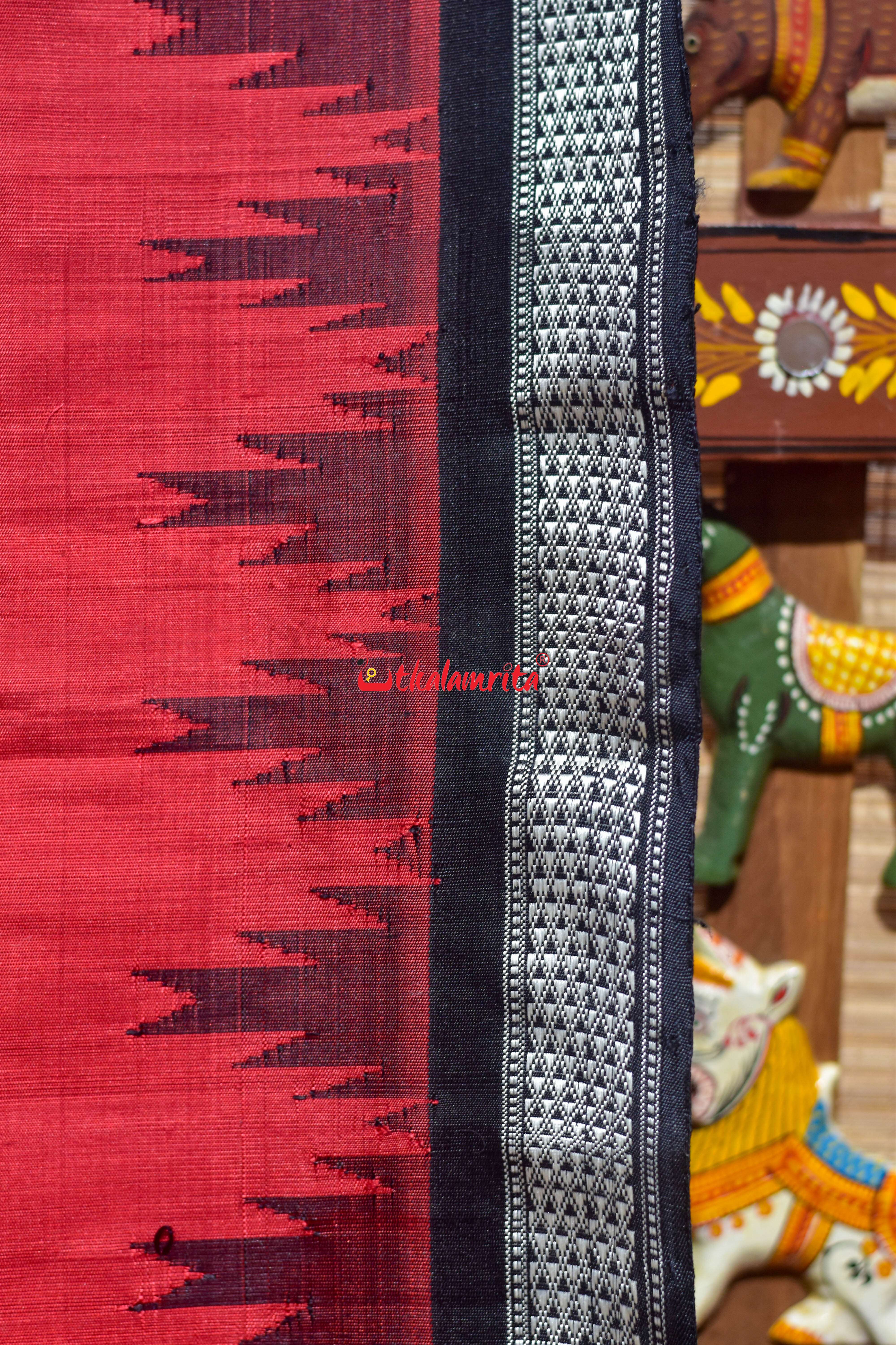 Red Black Single Anchal Berhampuri Silk Saree