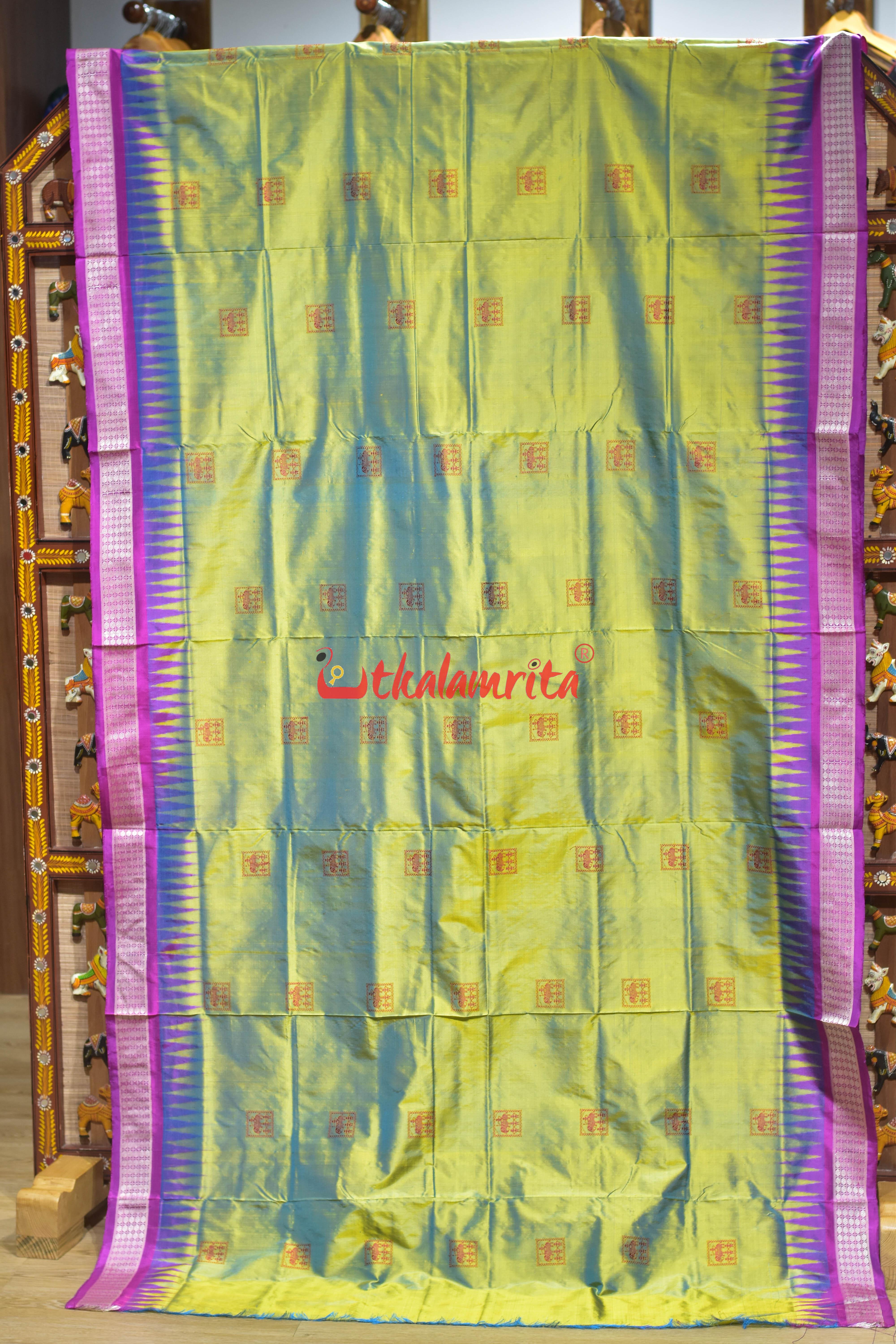 Green Pink Dual Shade Tribal Elephant Bomkai Silk Saree