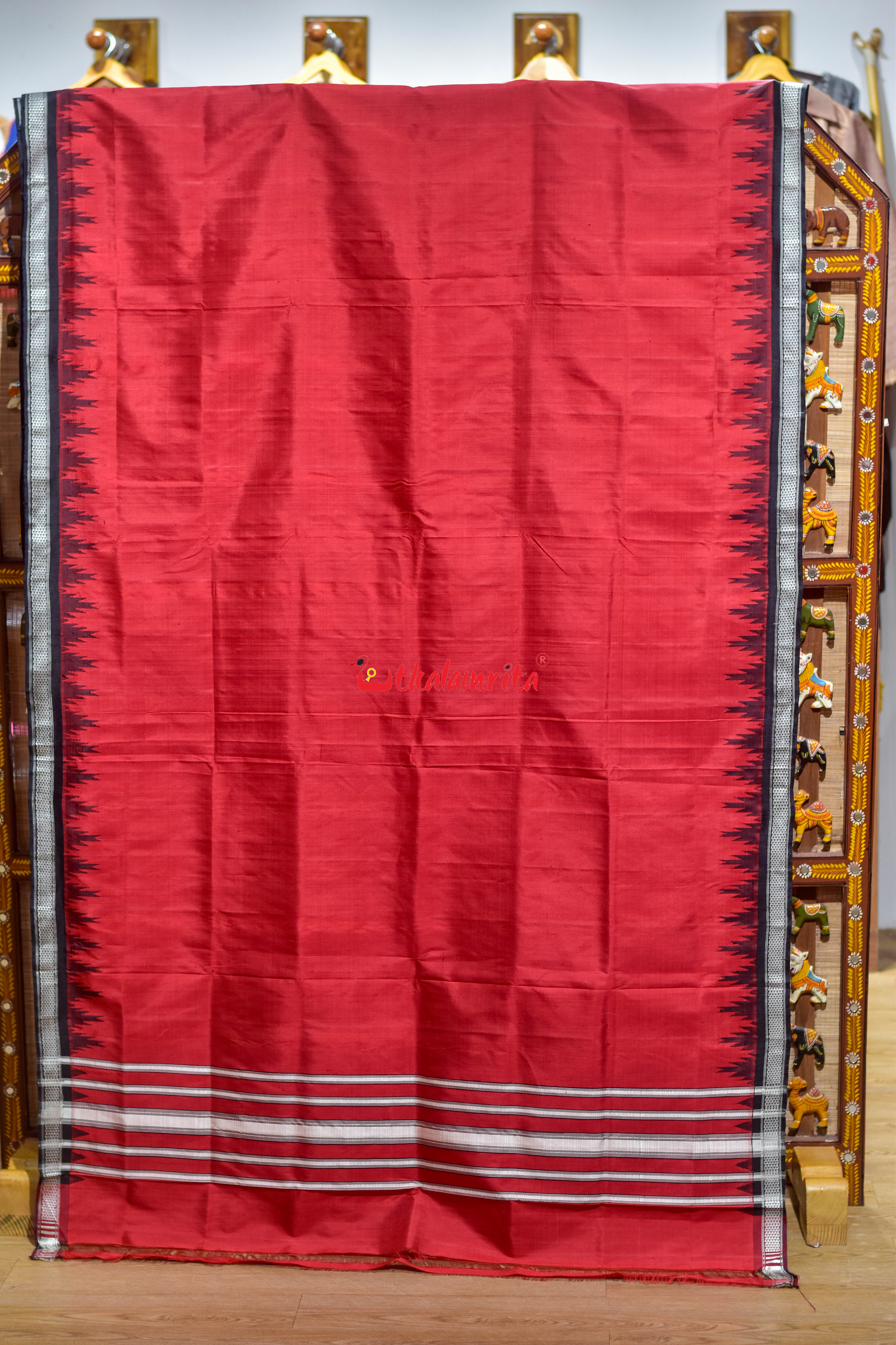 Red Black Single Anchal Berhampuri Silk Saree