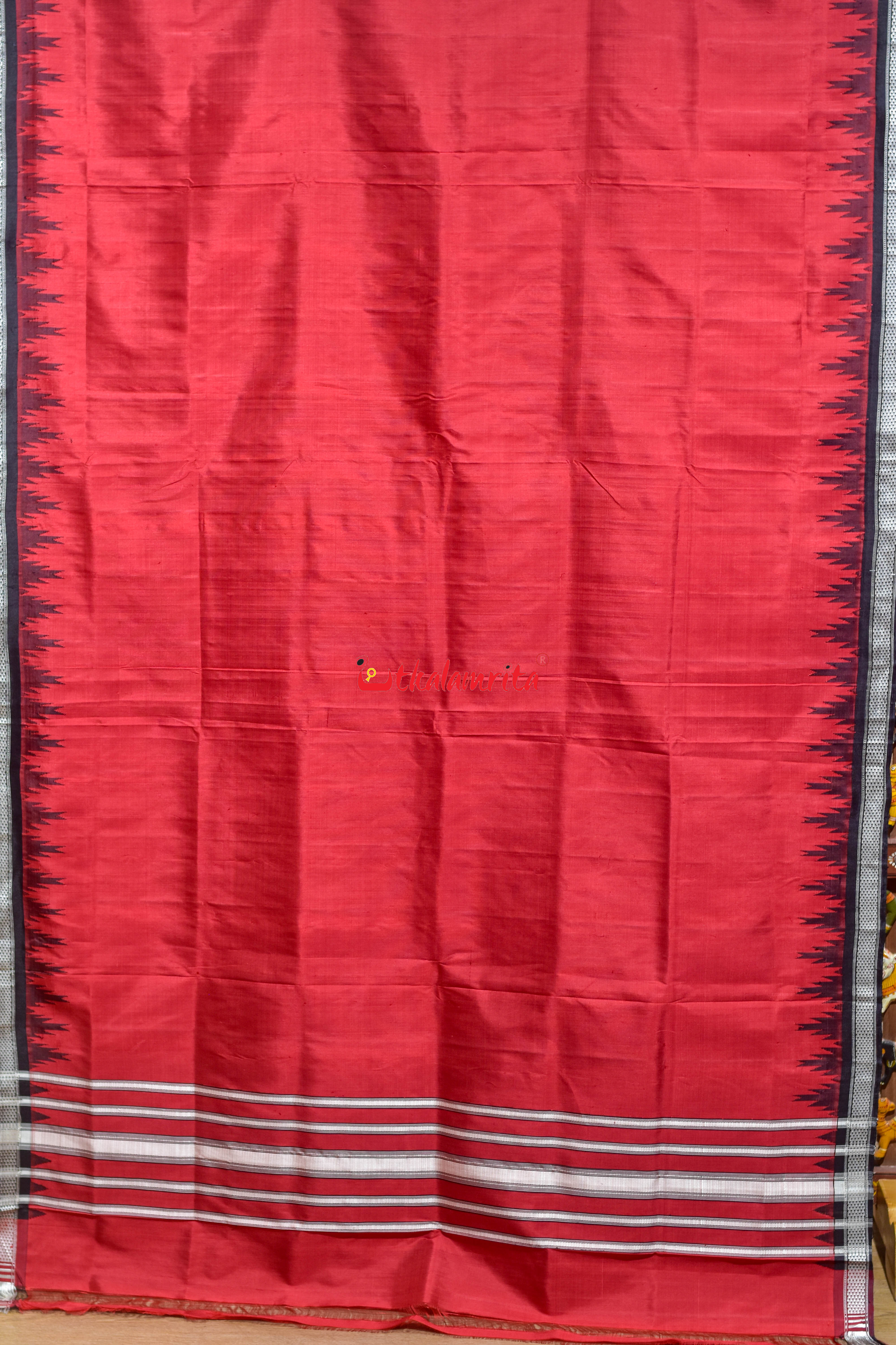 Red Black Single Anchal Berhampuri Silk Saree
