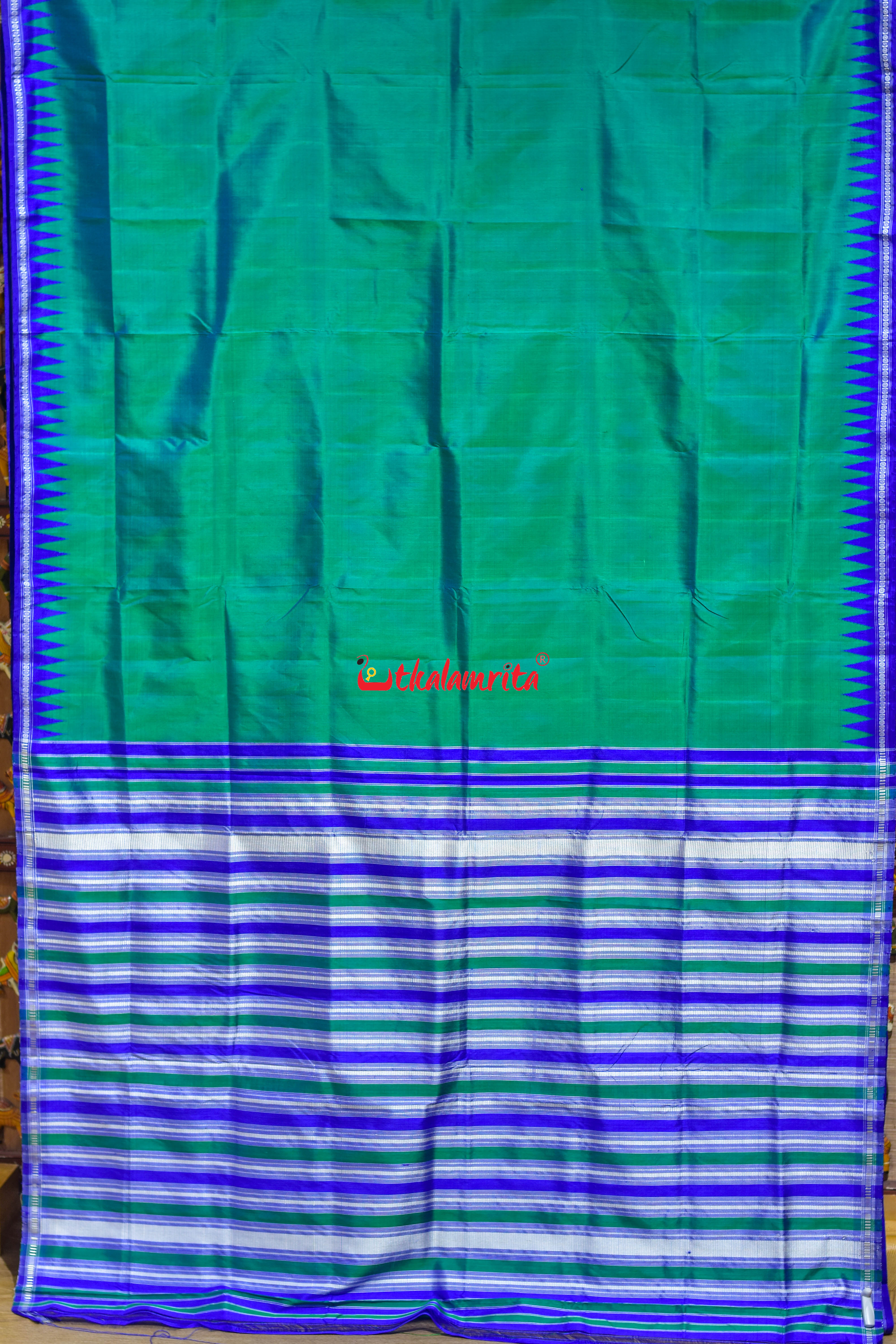 Green Blue Single Anchal Berhampuri Silk Saree