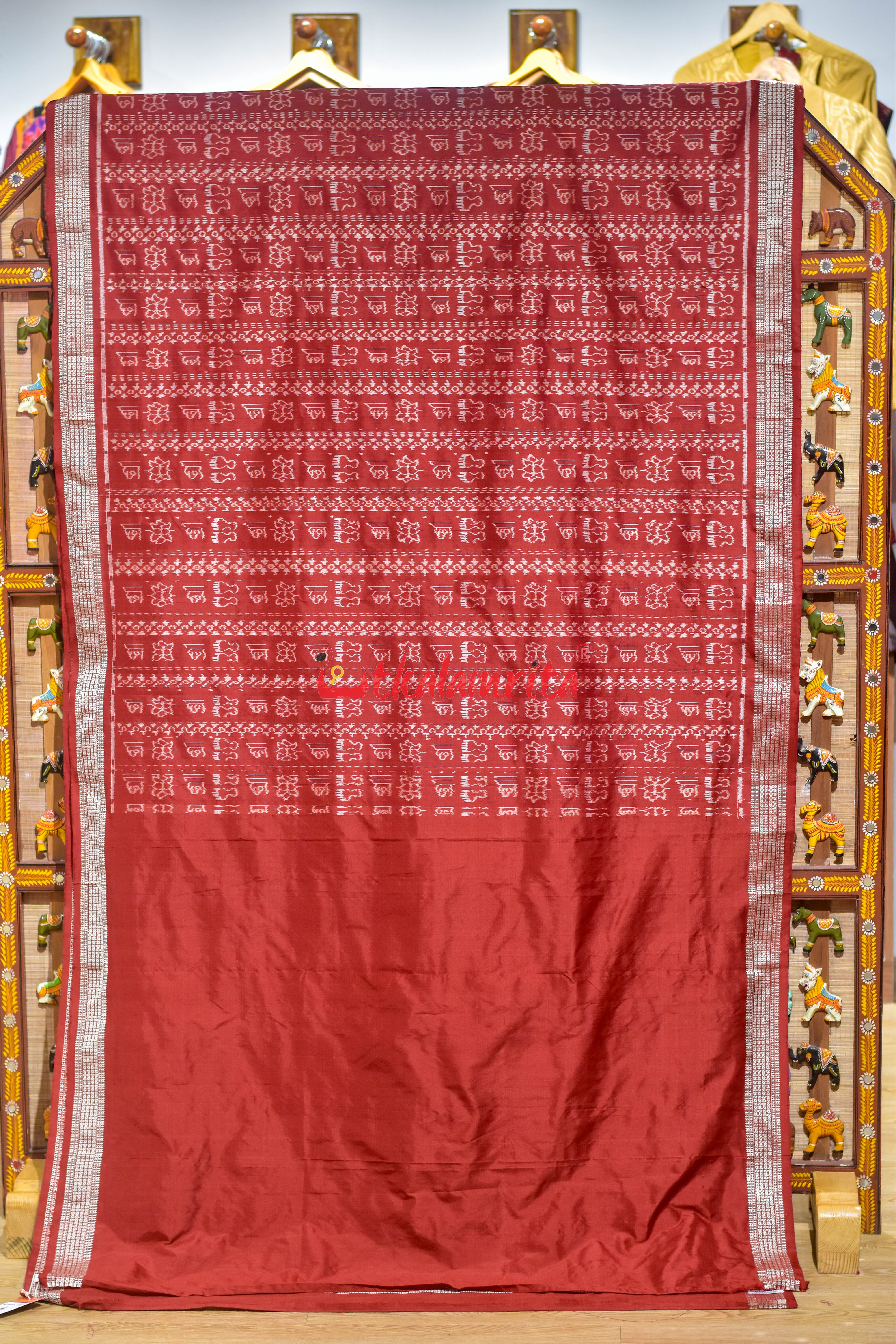 Burnt Maroon Laxmi Shree Yantra Sambalpuri Silk Saree