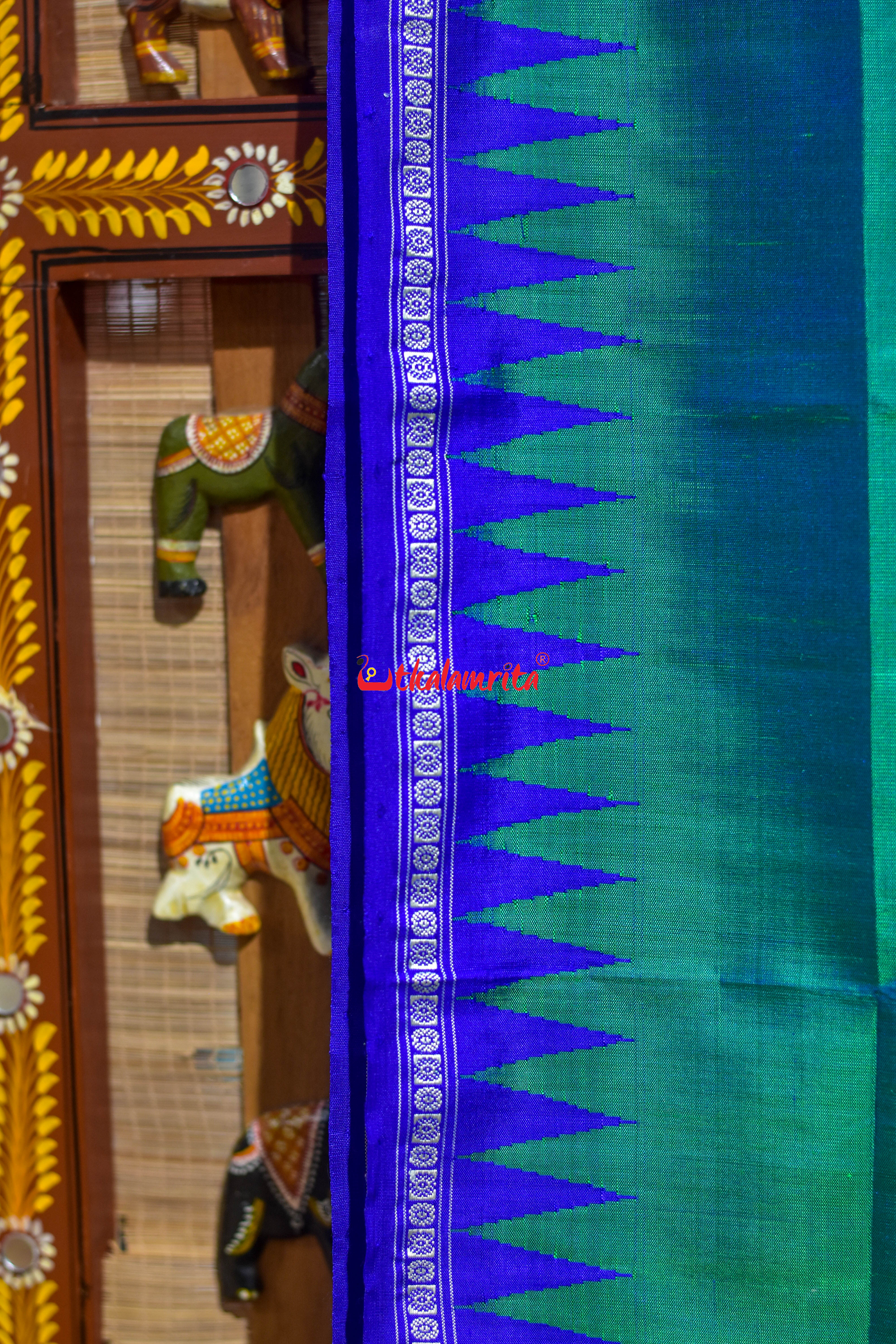Green Blue Single Anchal Berhampuri Silk Saree