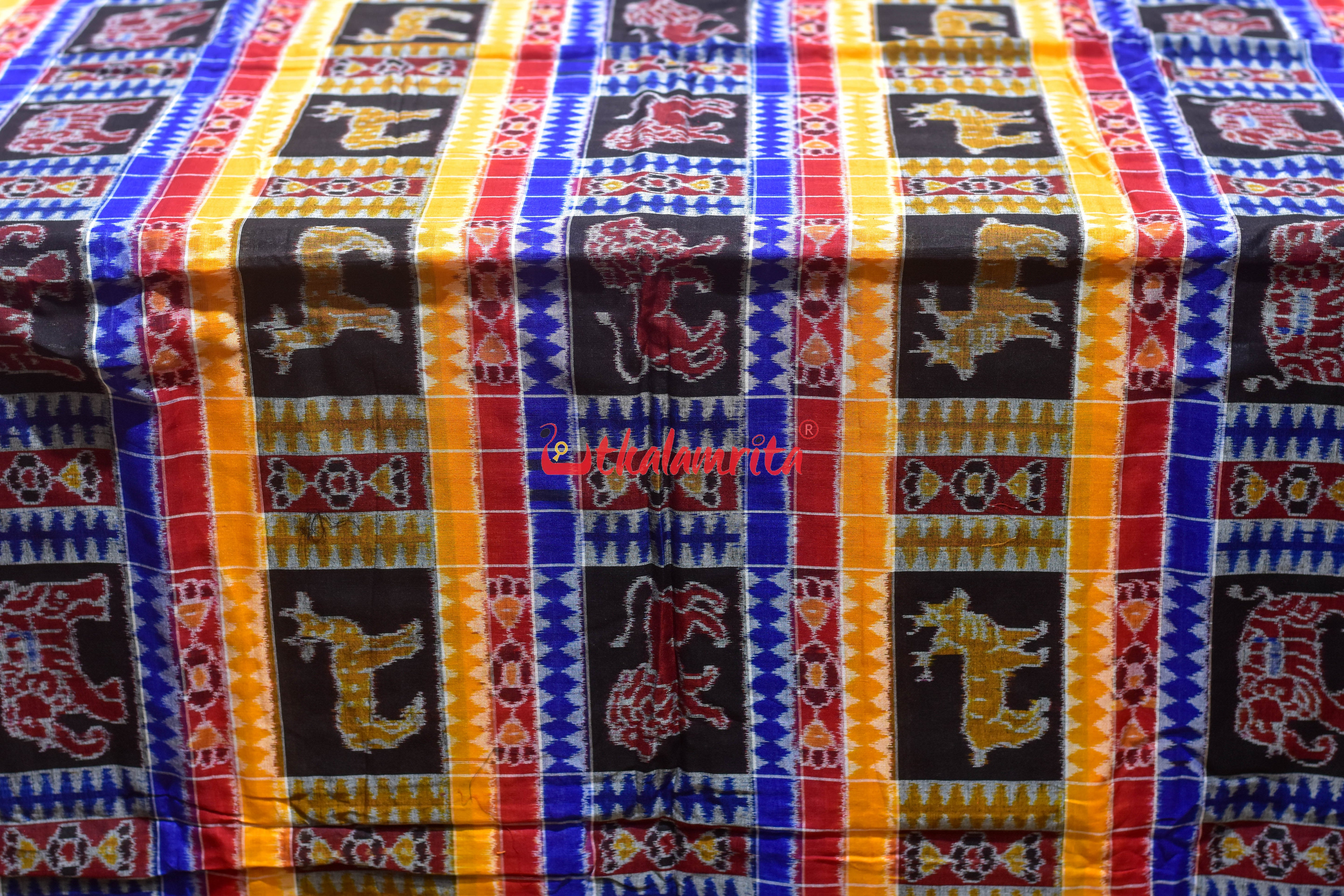 Blue Red Animal Bandha Utkala Lakhmi (Fabric)