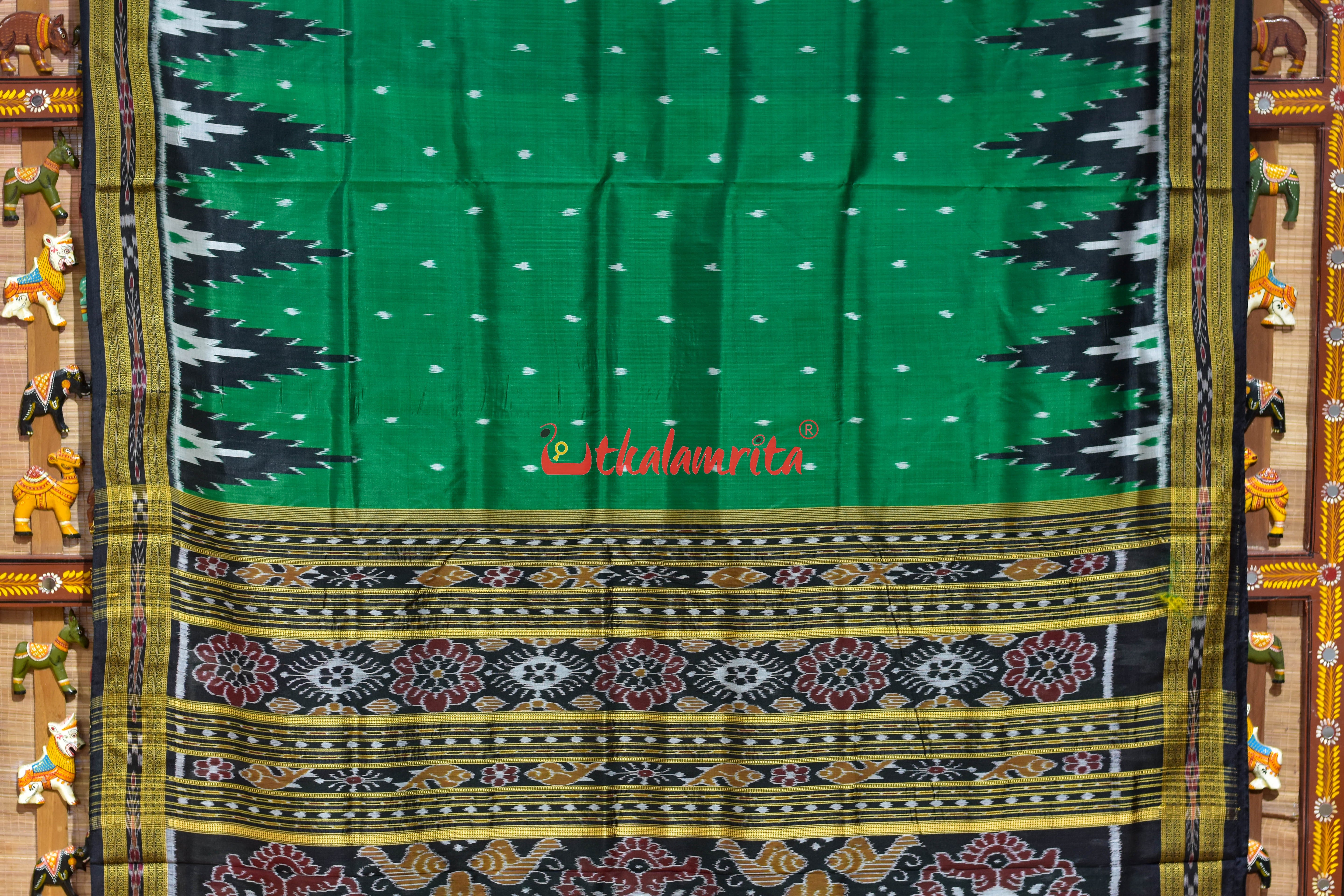 Green Body Dots with Big Kumbha Khandua Silk Saree