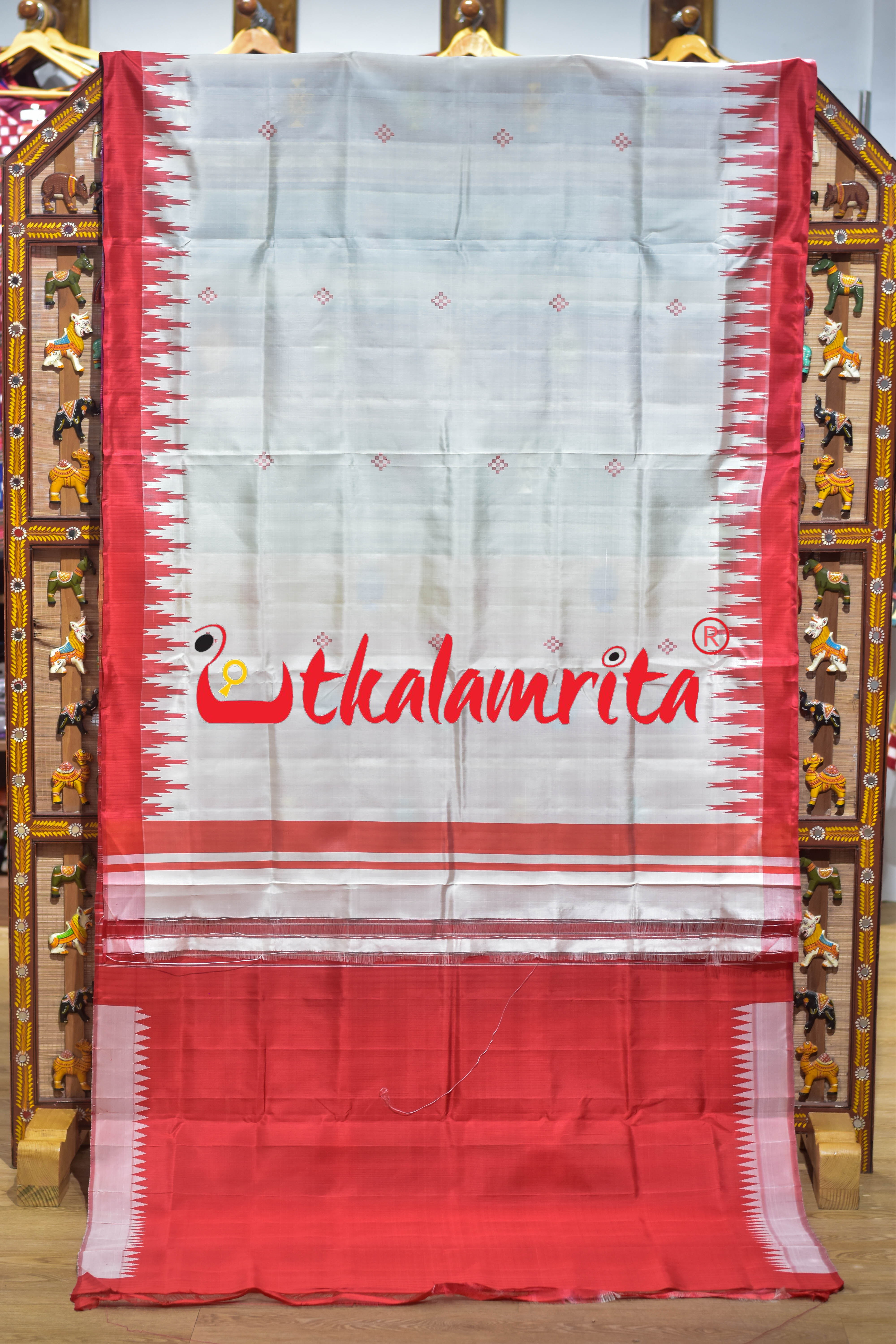 White Red Kumbha Double Anchal Berhampuri Silk Saree