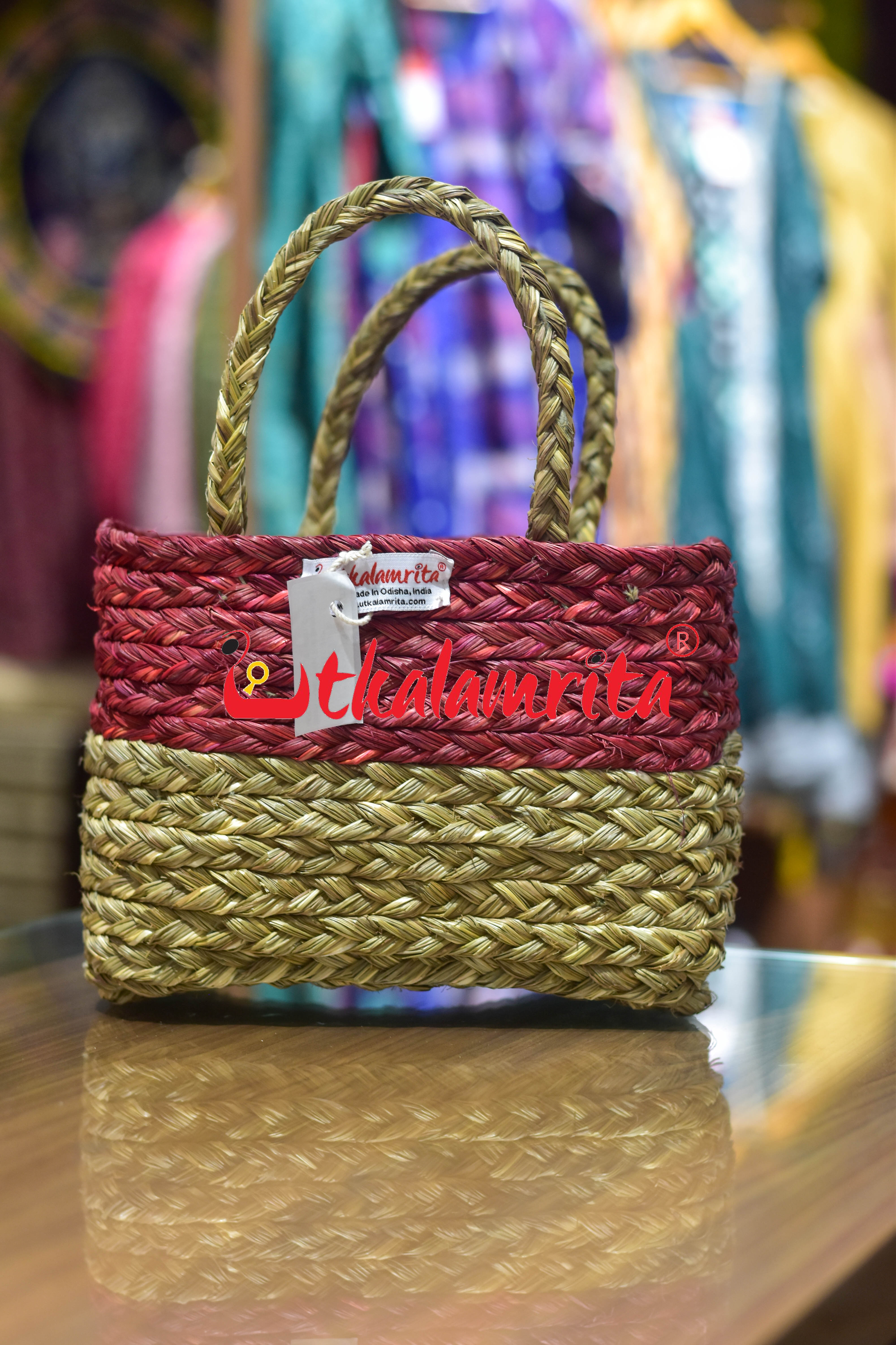 Small Sabai Grass Red Hamper Bag
