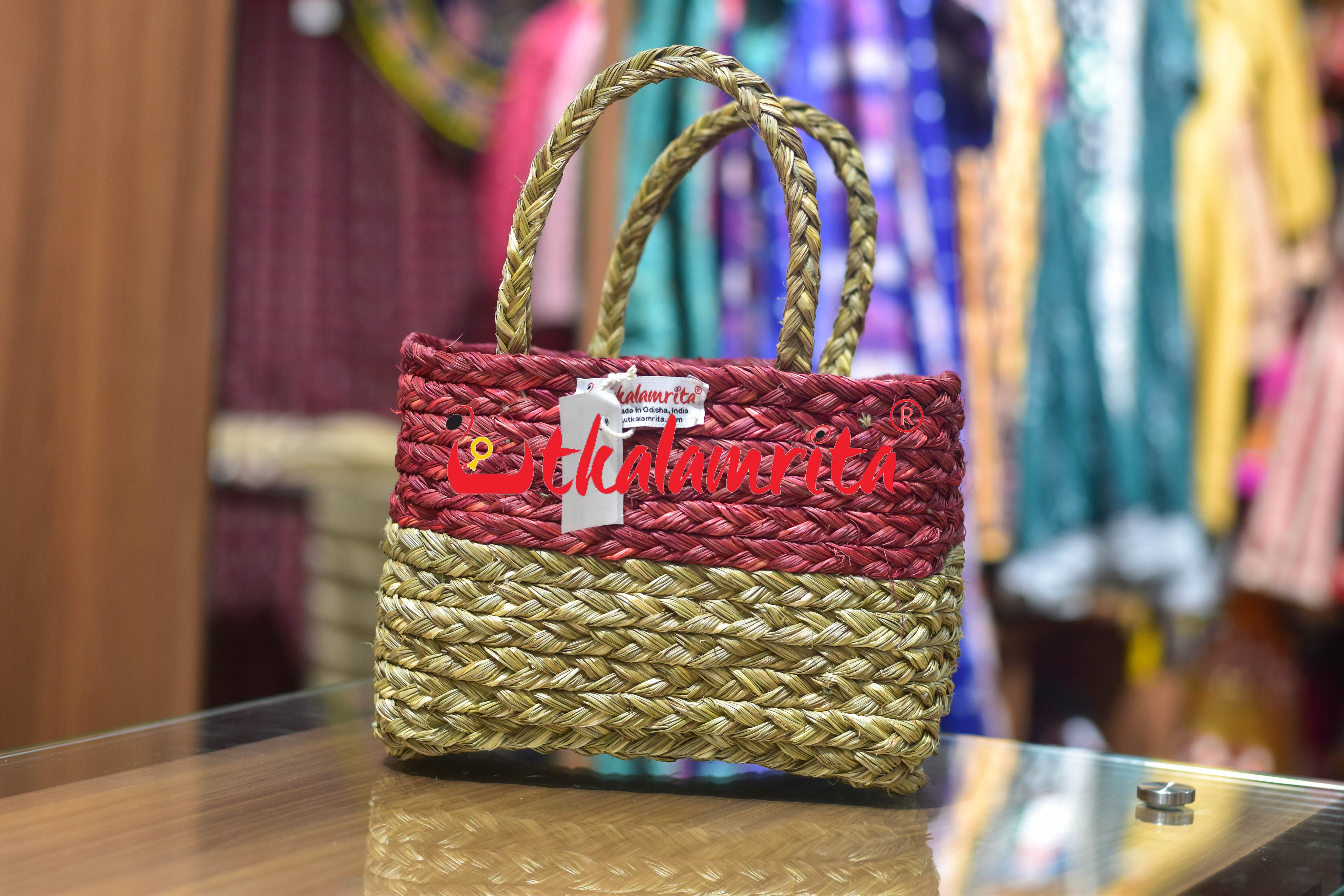 Small Sabai Grass Red Hamper Bag