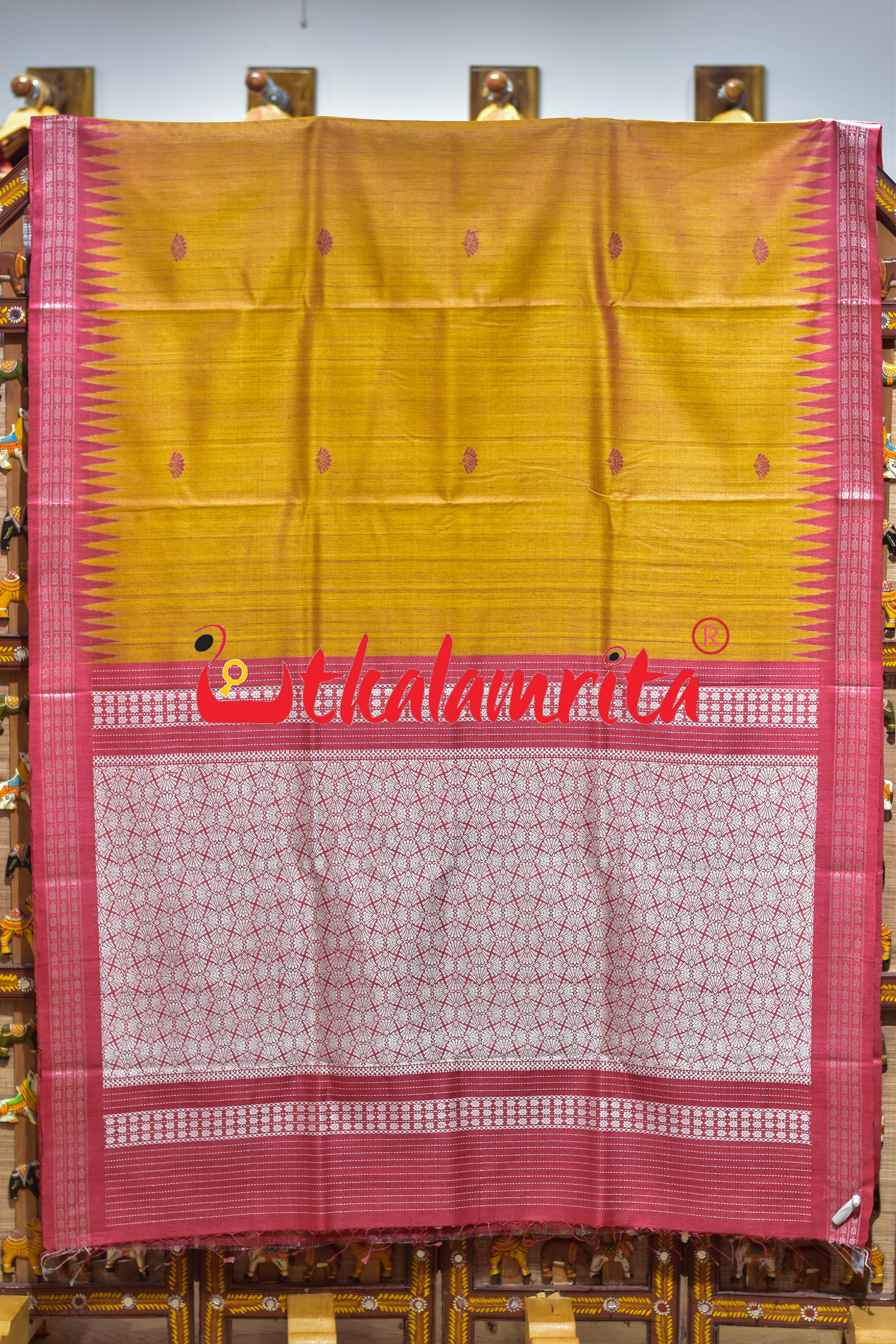Golden Red Japanese Fan Gopalpur Tussar Saree