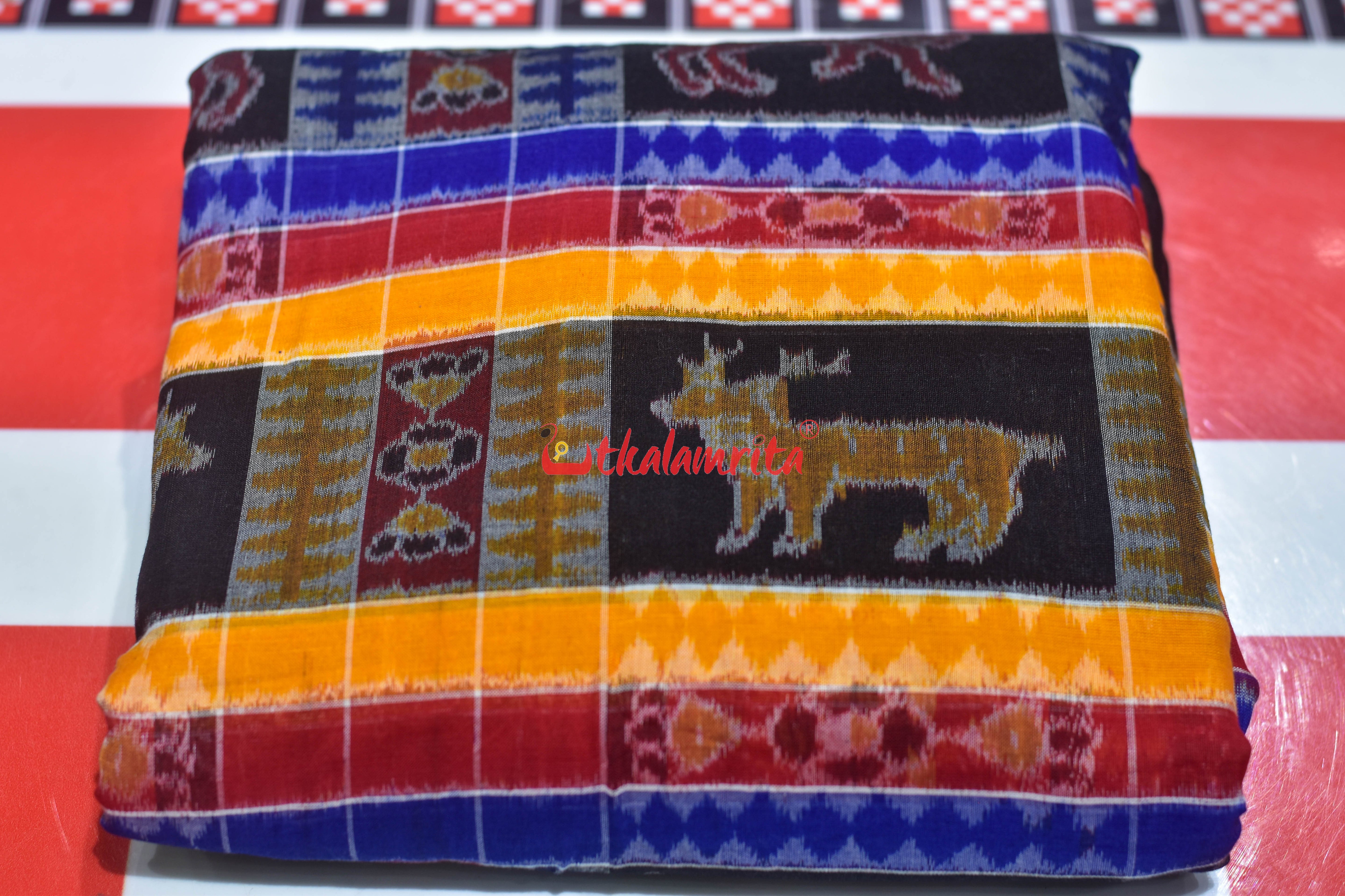 Blue Red Animal Bandha Utkala Lakhmi (Fabric)