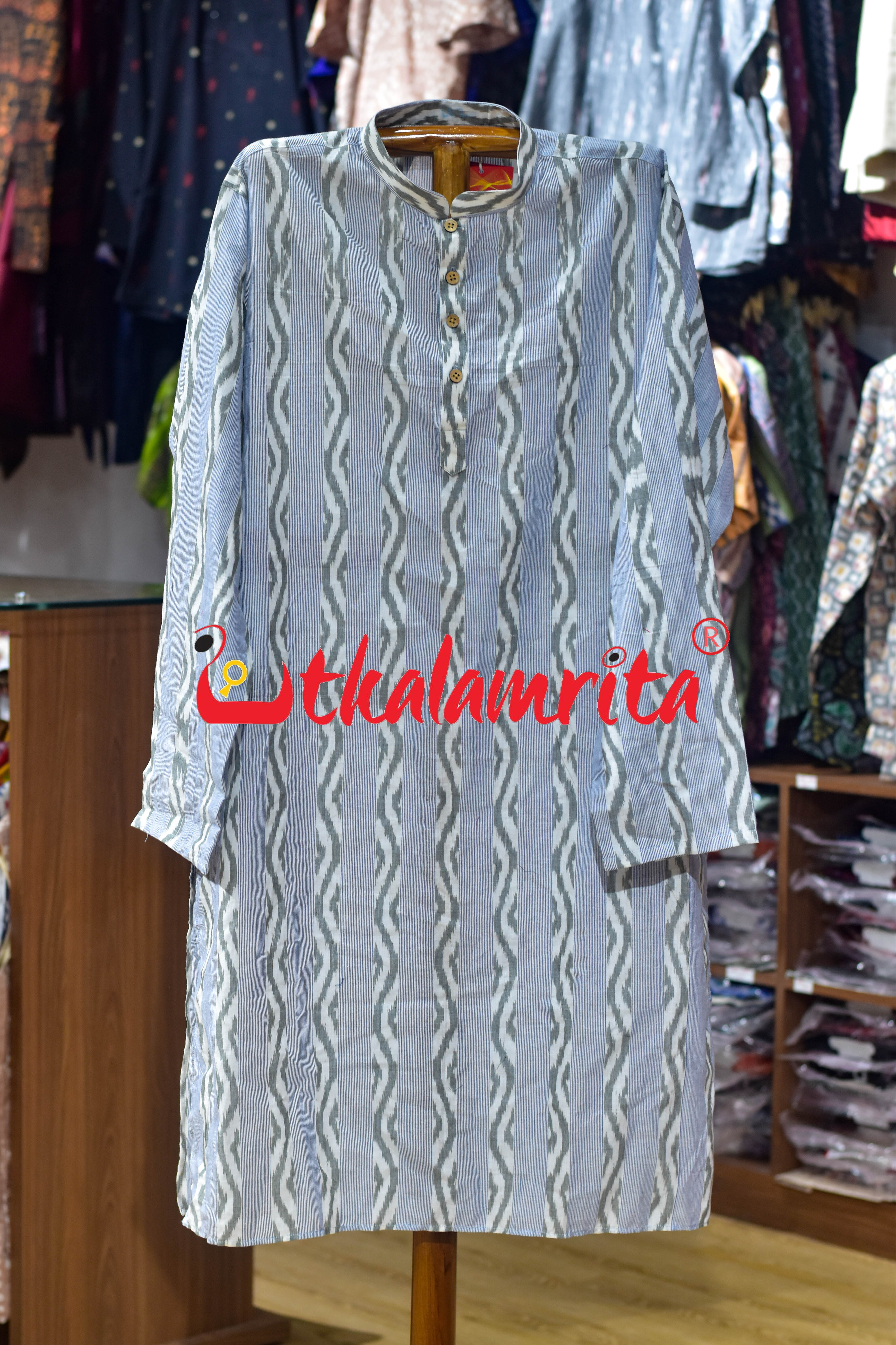 White Blue Lahari Lines (Men's Long Kurta)