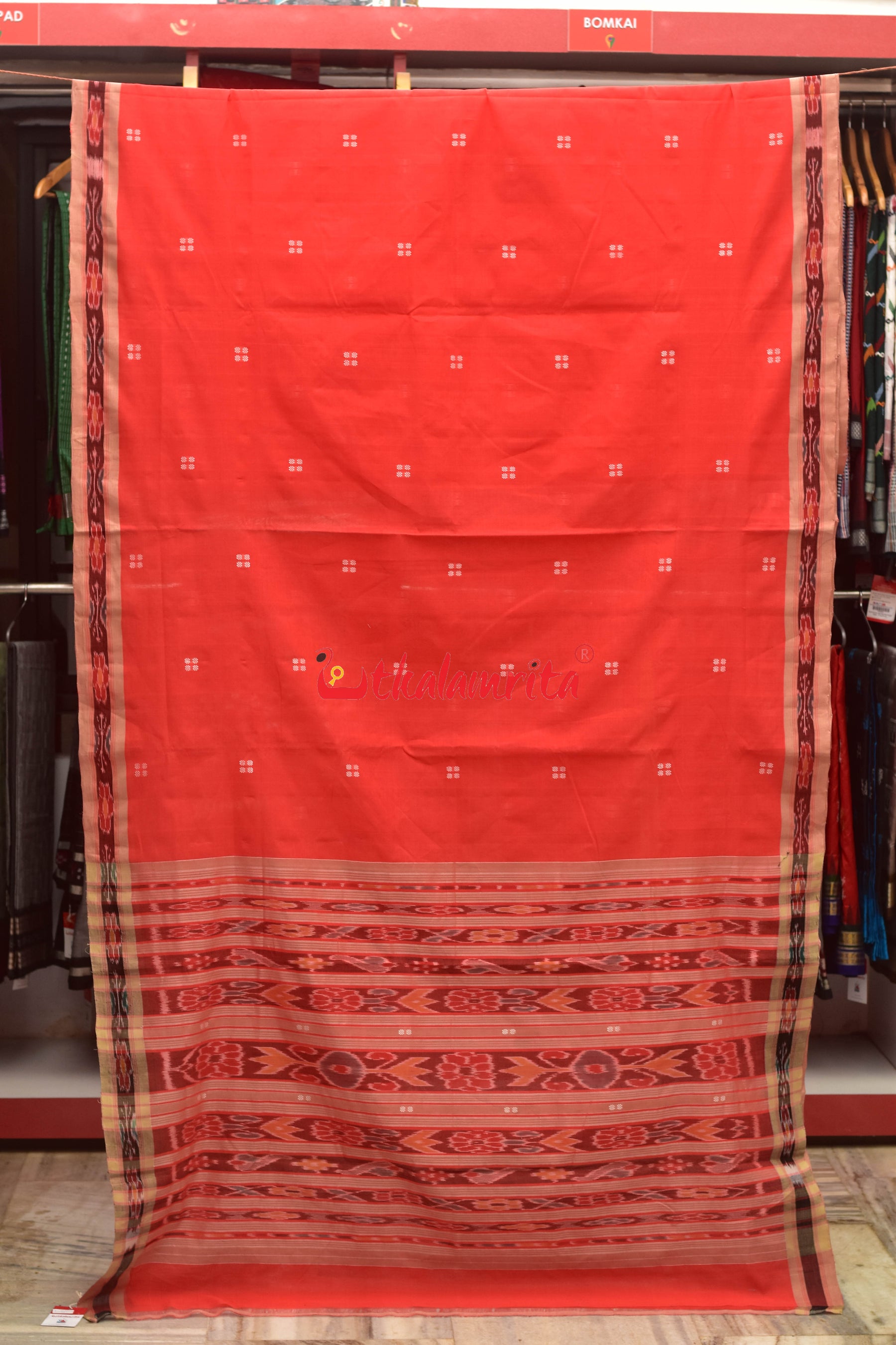 Tomato Red Chandan Pittala Single Cotton Saree