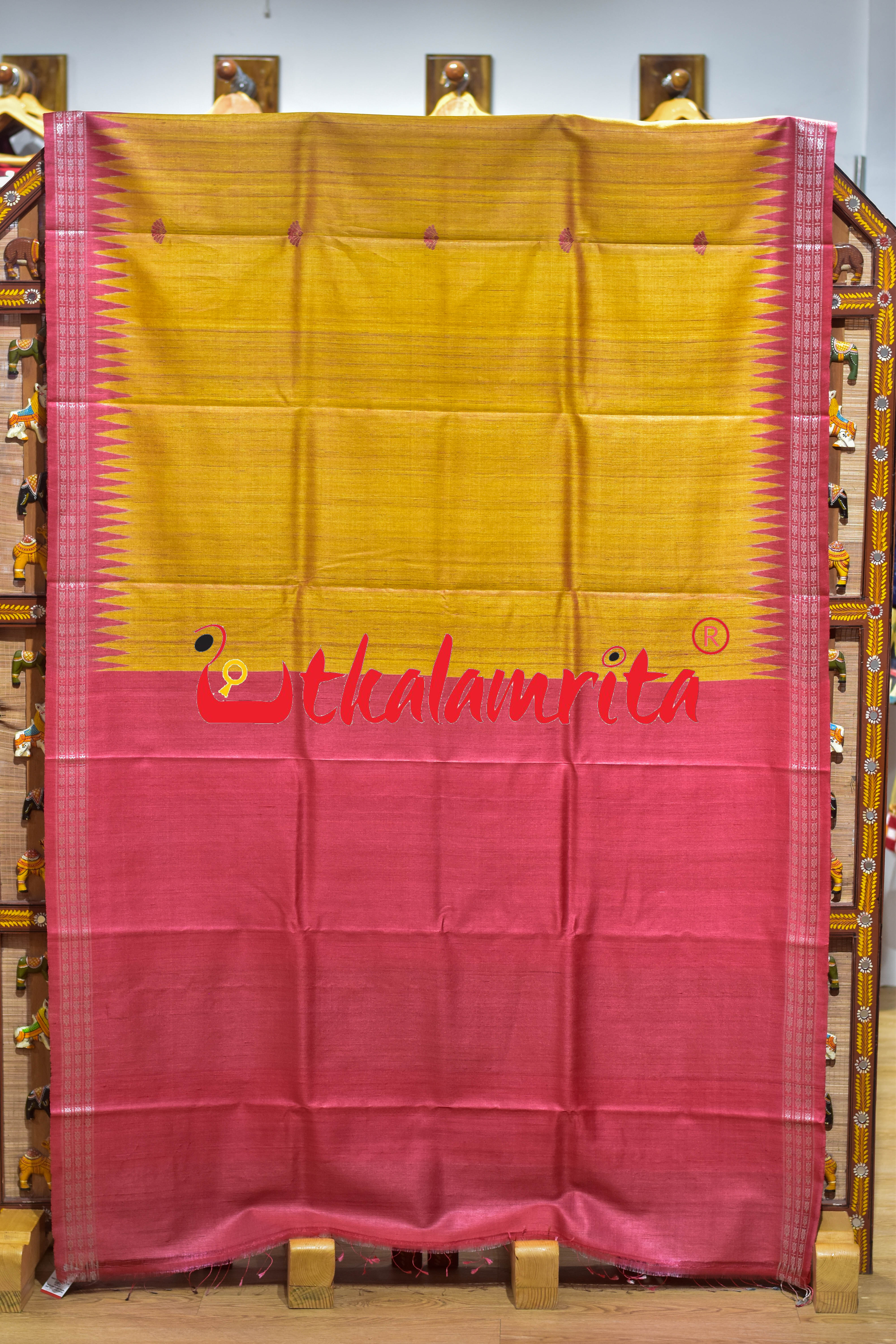 Golden Red Japanese Fan Gopalpur Tussar Saree