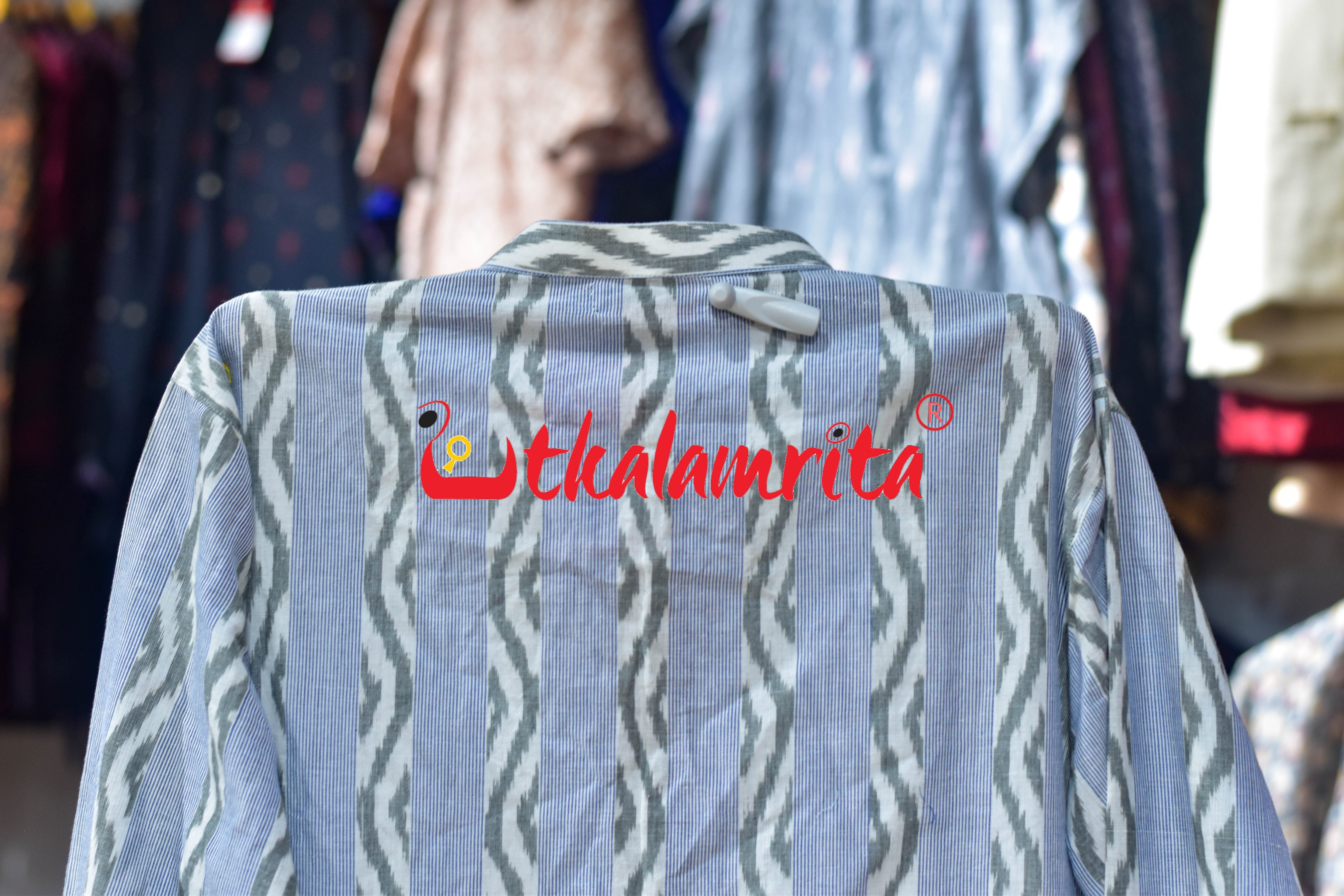 White Blue Lahari Lines (Men's Long Kurta)