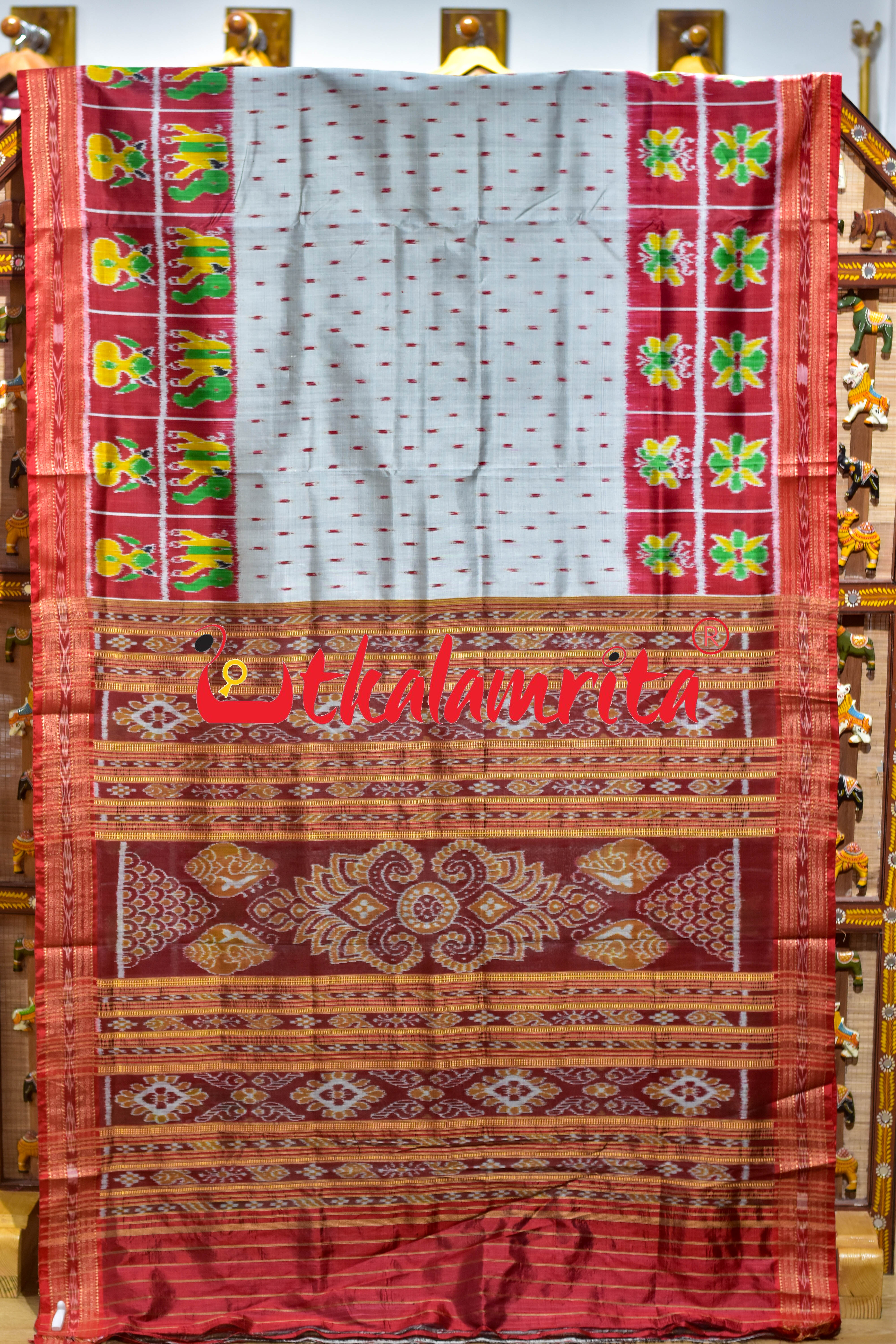 Grey Red Dots Kalash Hathi Border Khandua Silk Saree