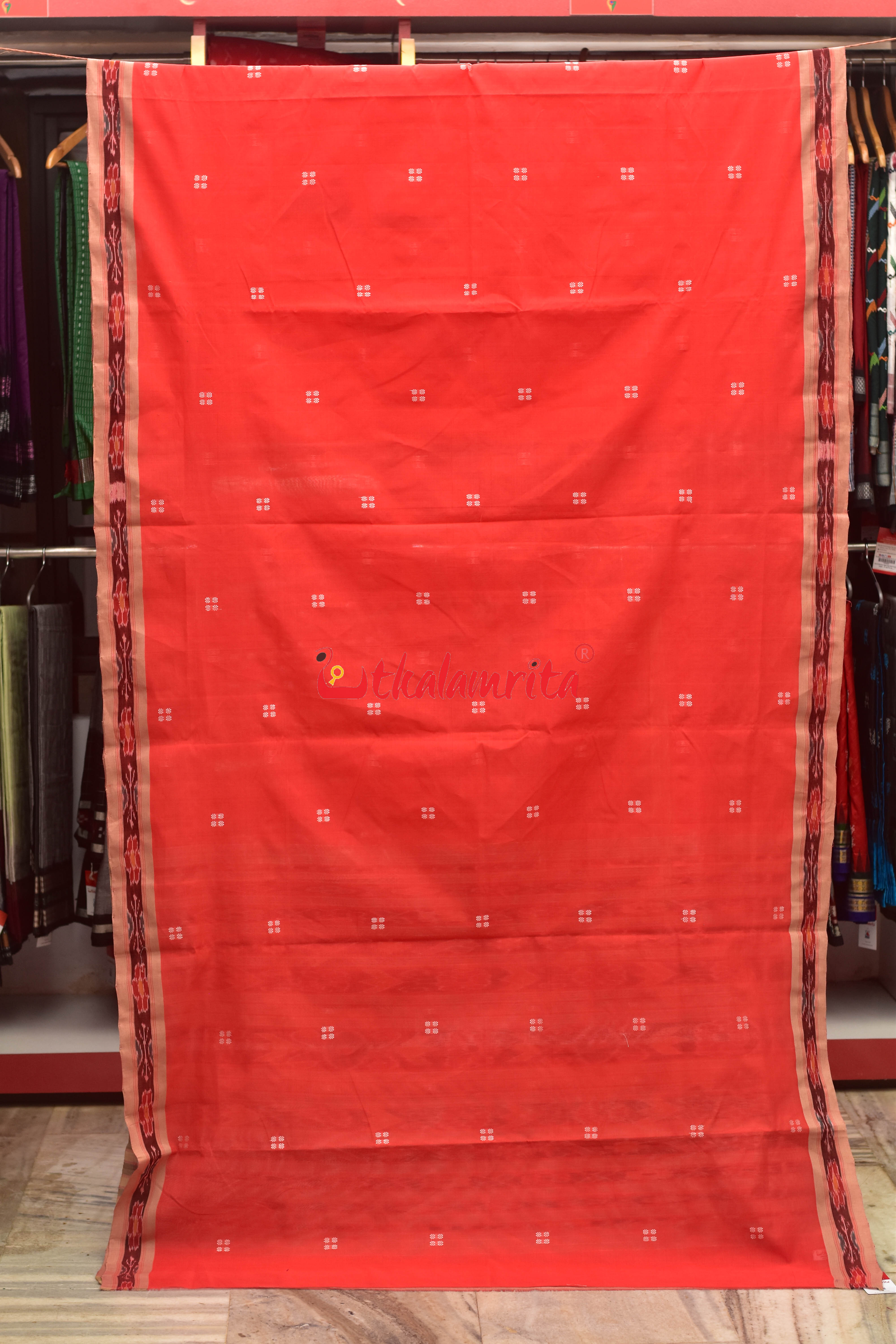 Tomato Red Chandan Pittala Single Cotton Saree