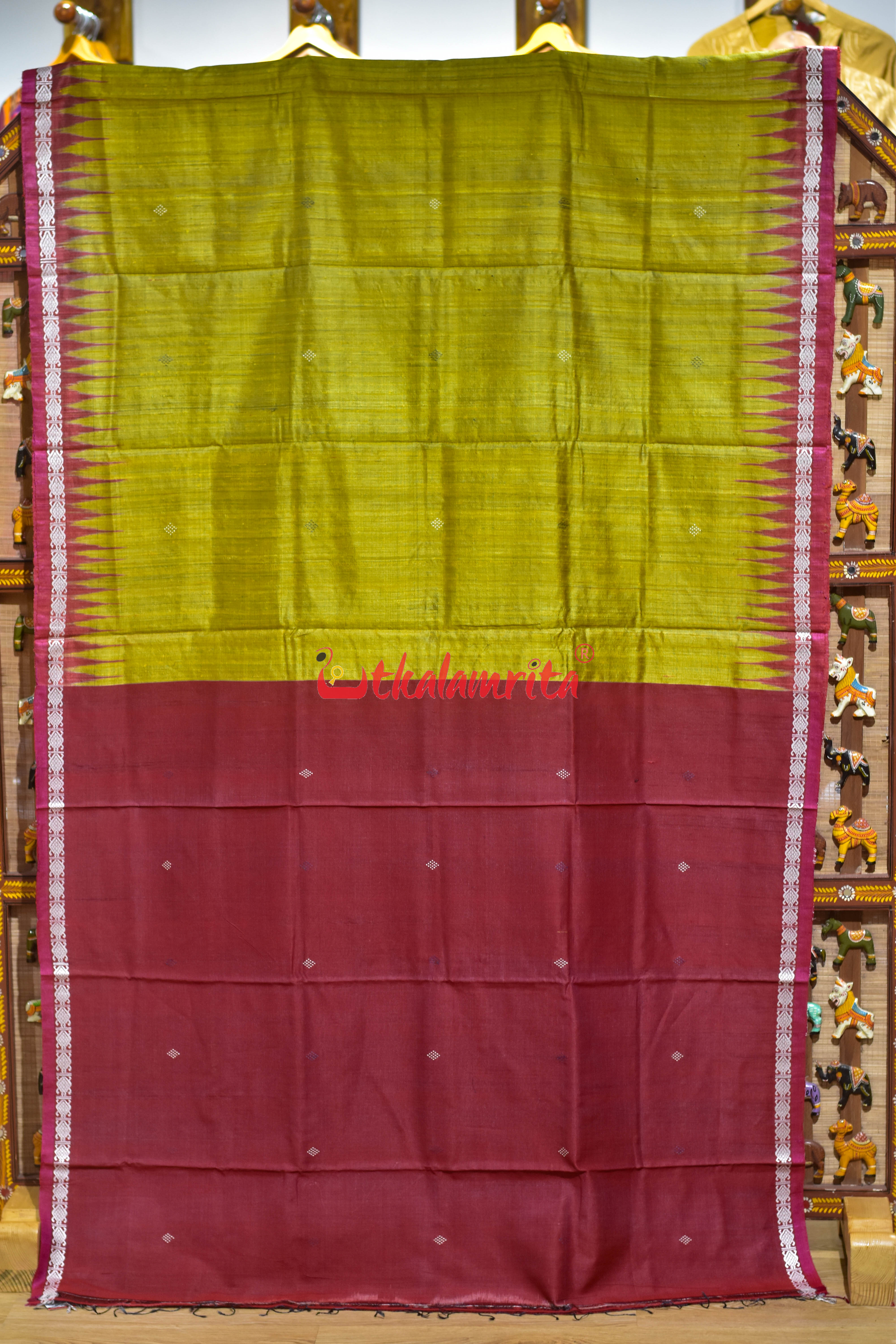 Mustard Red Dobby Border Fine Gopalpur Tussar Silk Saree