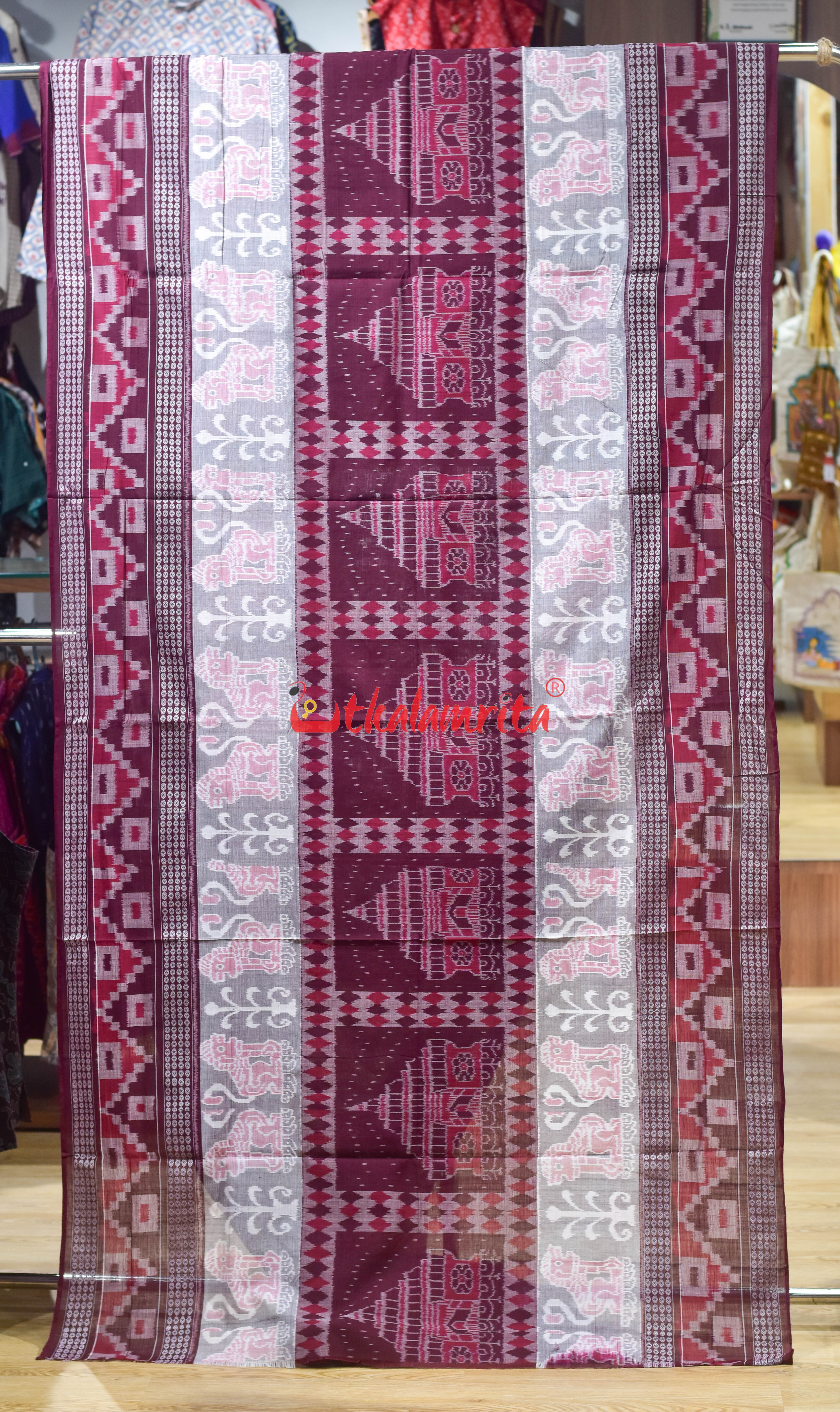 Maroon Konark With Big Border Sambalpuri Cotton Saree