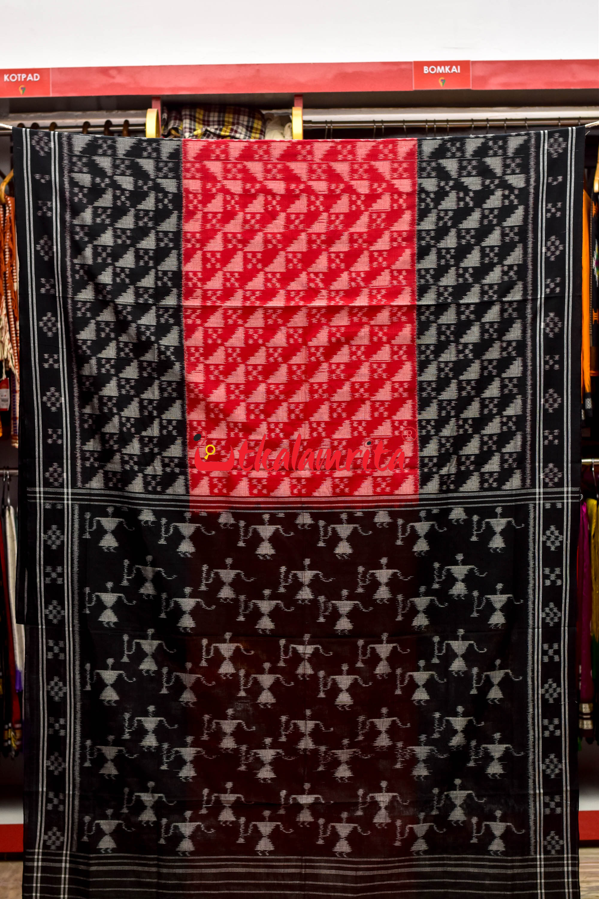 Red Black Scot Pasapali Tribal Anchal Khandua Cotton Saree