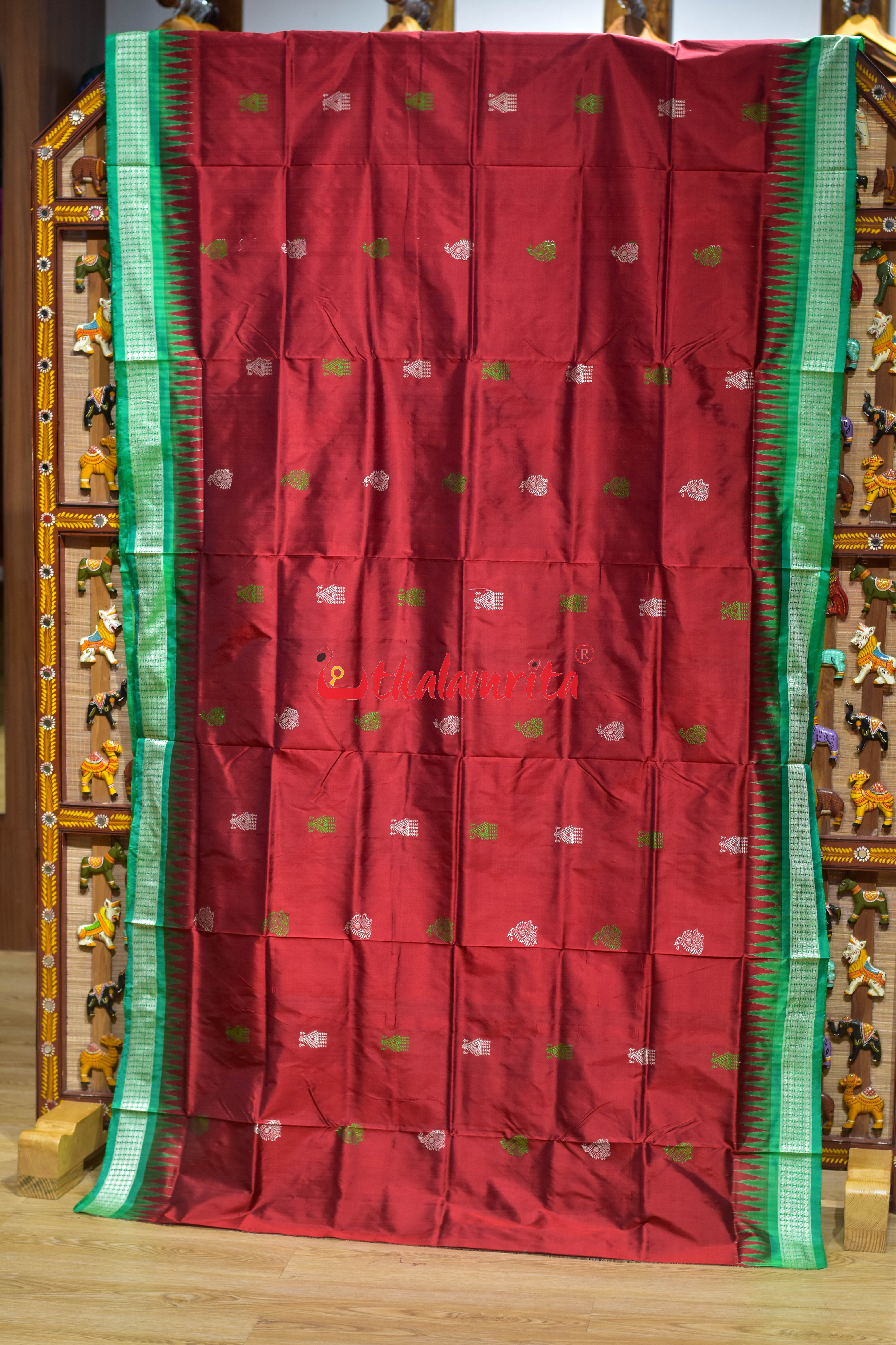 Red Green Tribals Mukuta Bomkai Silk Saree