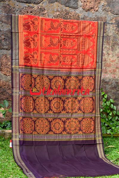 Big Haathi Lions Dancers Orange Sambalpuri Cotton Saree