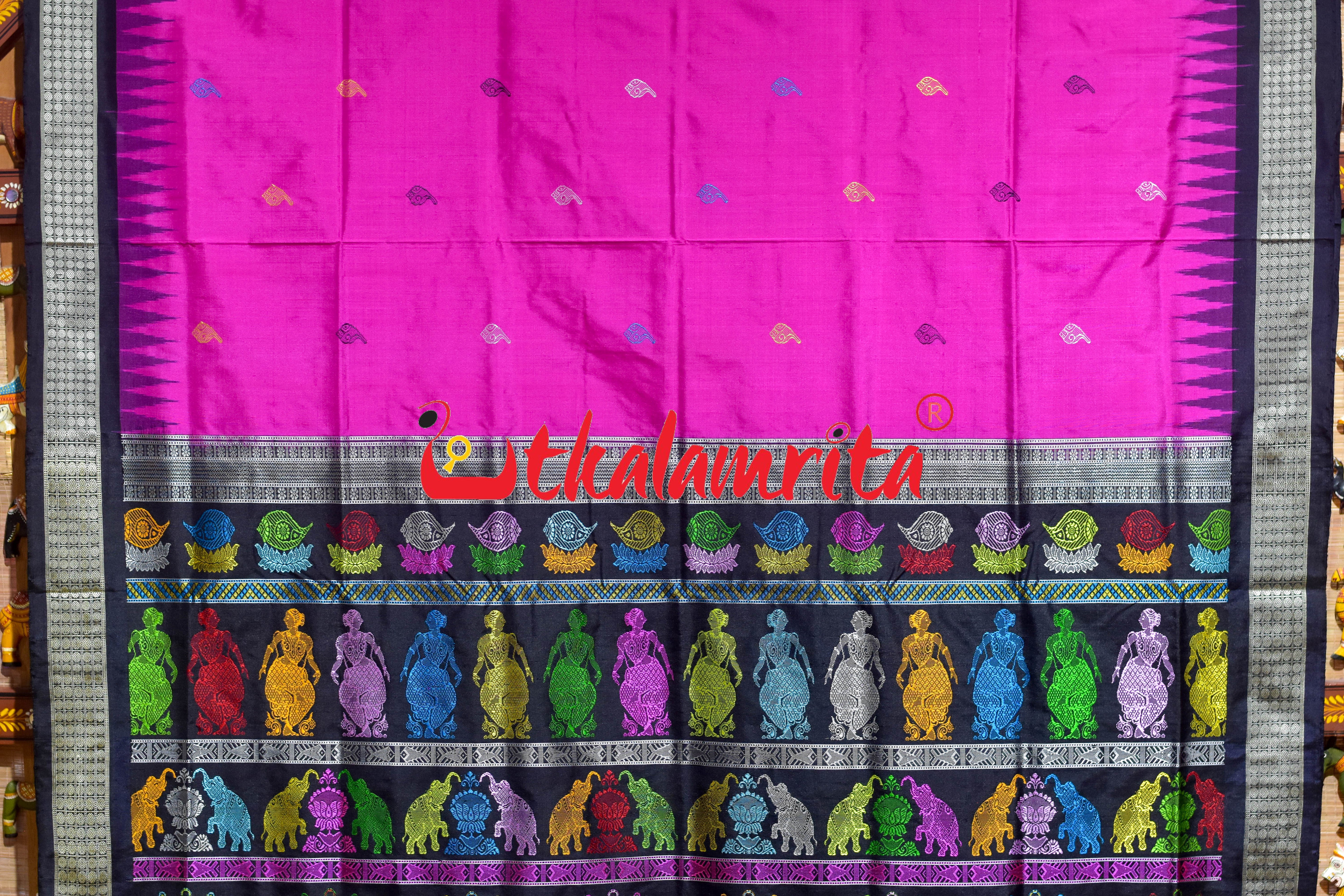 Rani Pink Black Sankha Sudarshana Bomkai Silk Saree