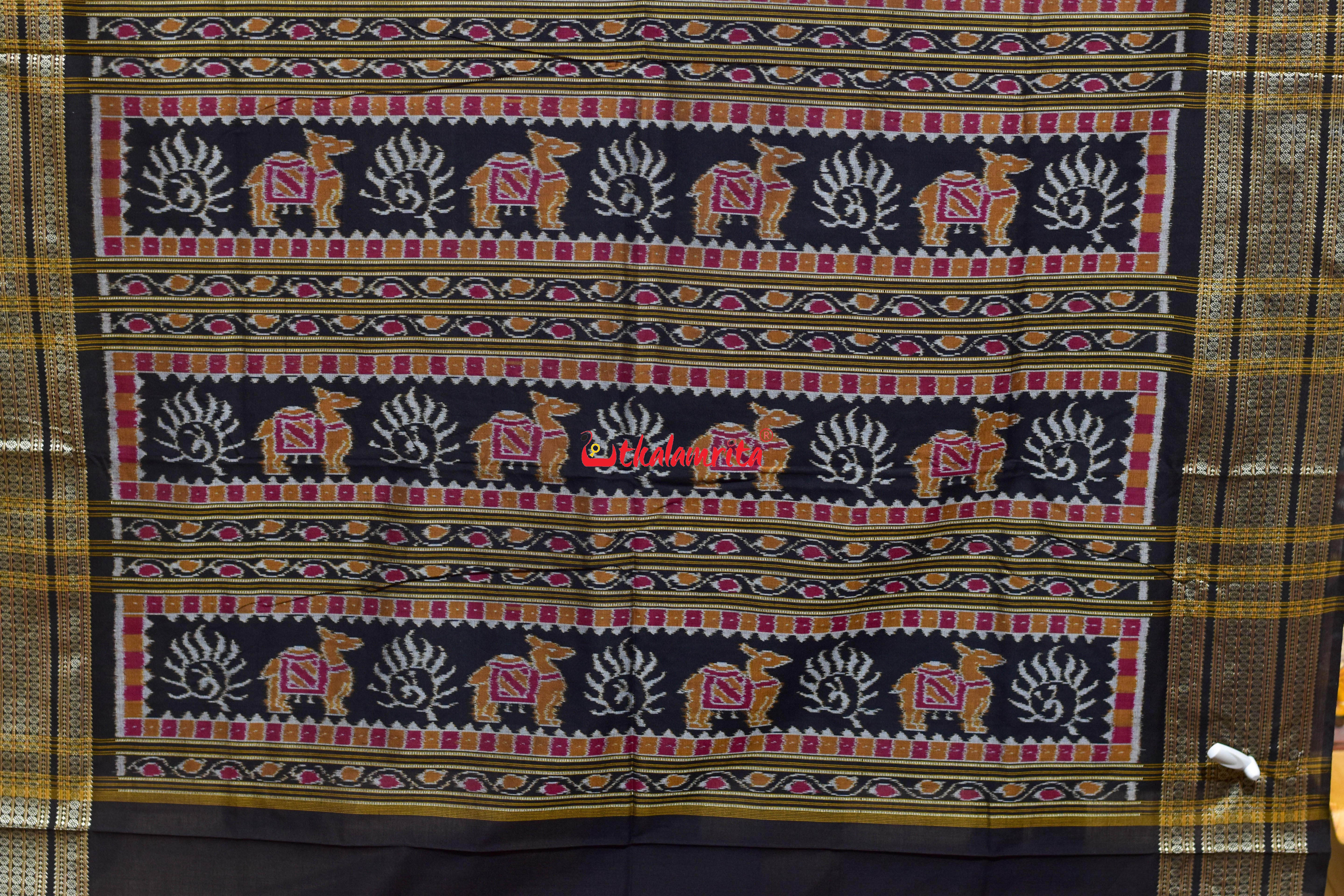 Blue Black 3D Elephant Sambalpuri Cotton Saree