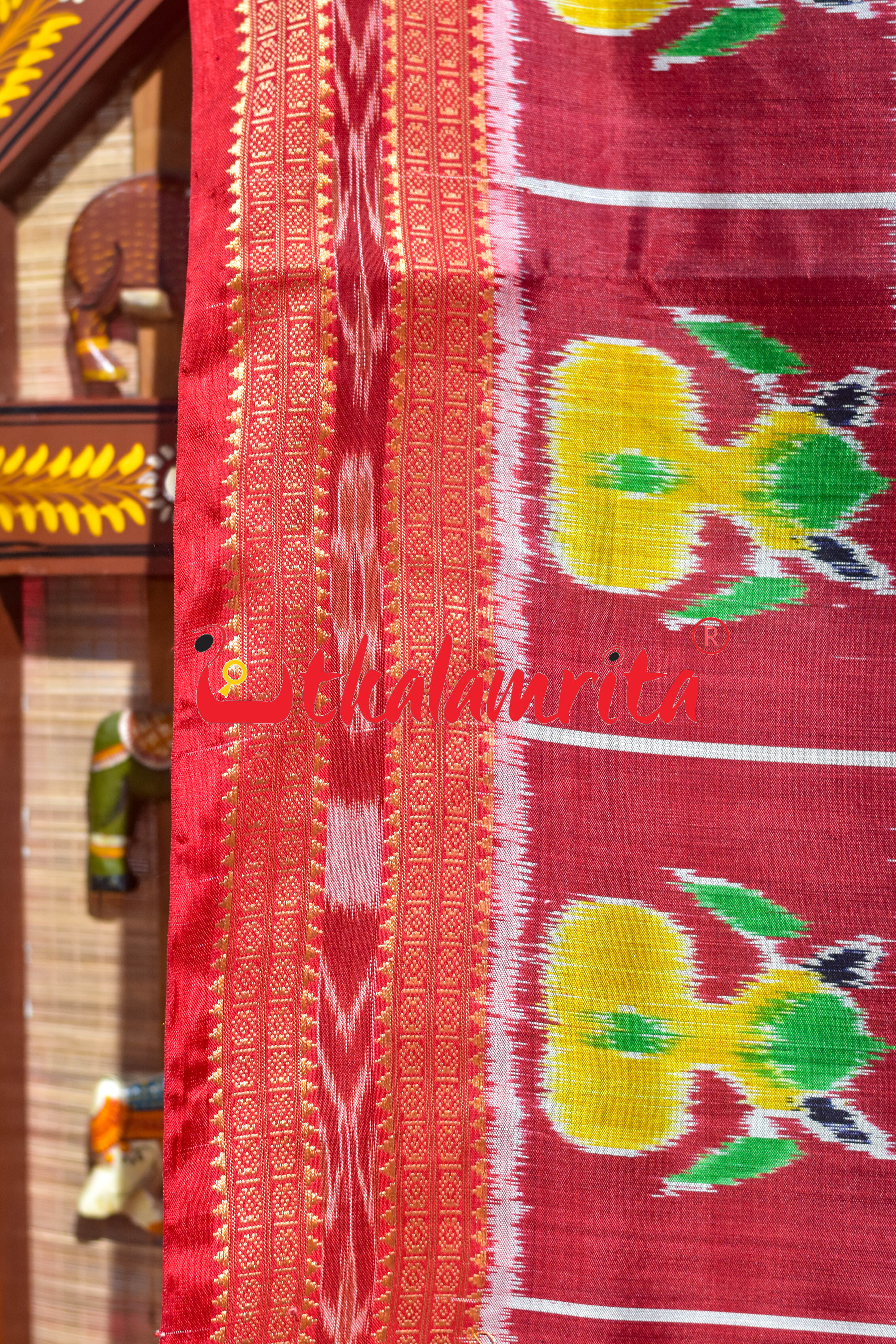 Grey Red Dots Kalash Hathi Border Khandua Silk Saree