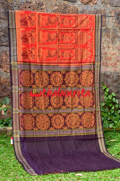 Big Haathi Lions Dancers Orange Sambalpuri Cotton Saree