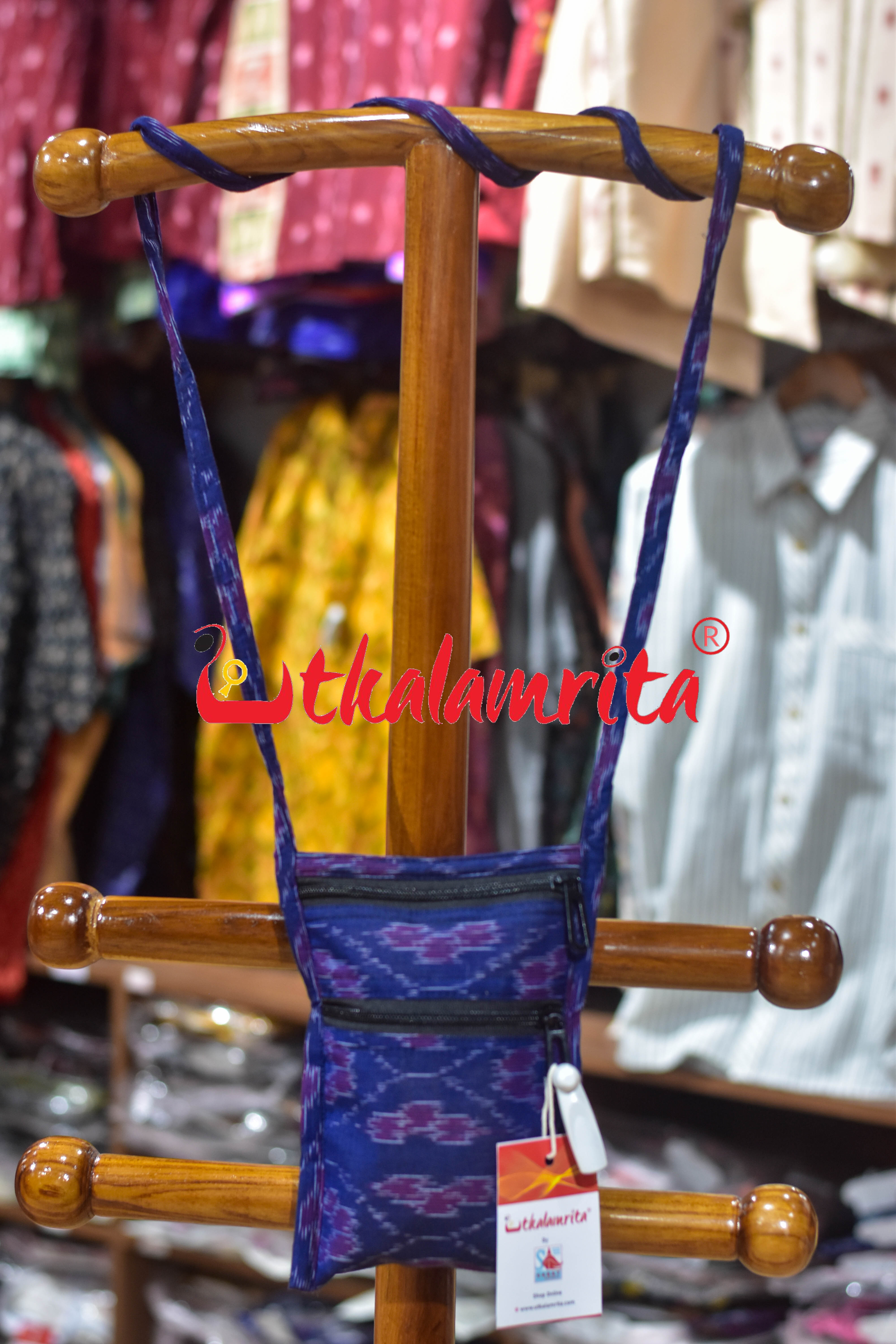 Deep Blue Wavy Flower Bandha Mobile Sling Bag