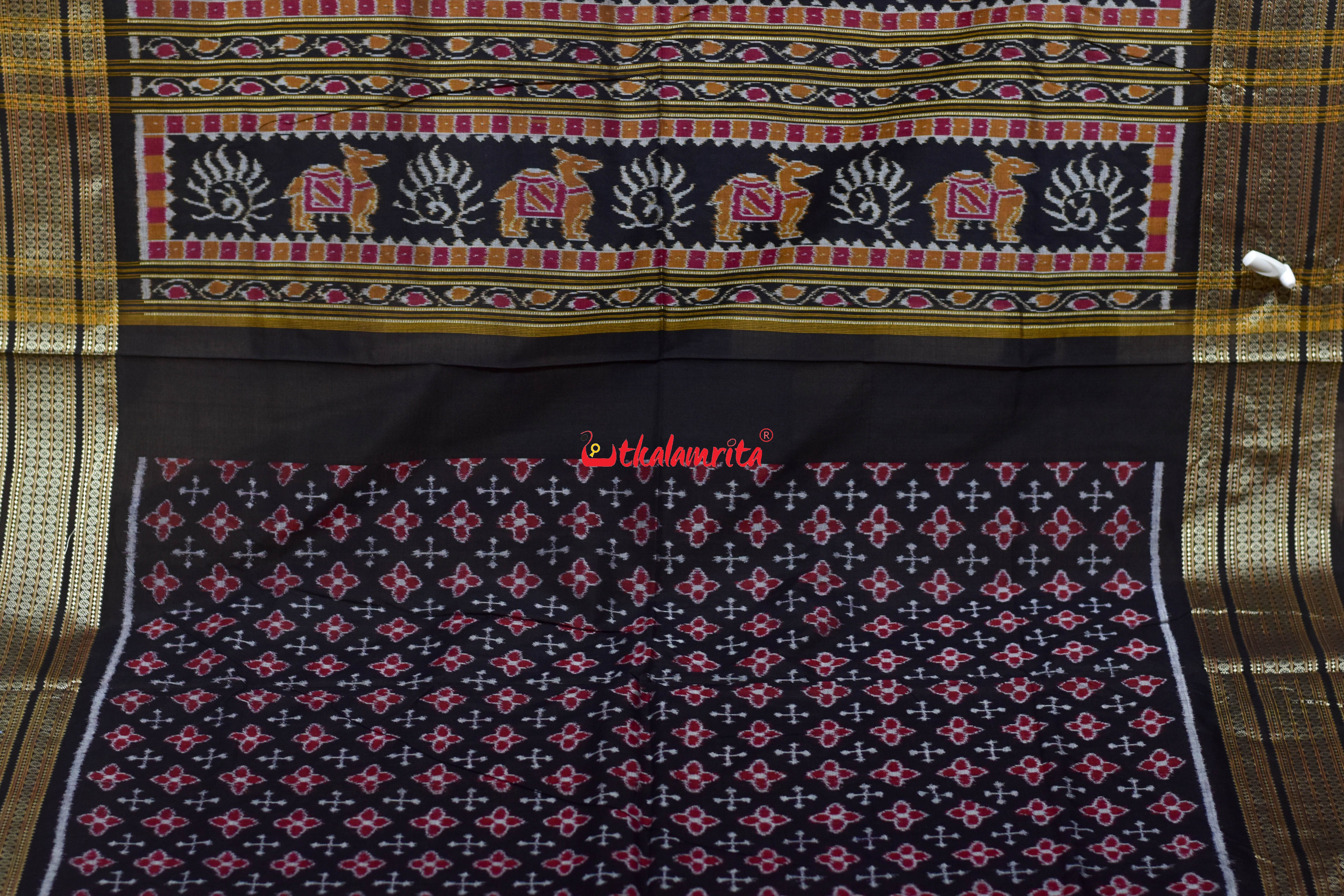 Blue Black 3D Elephant Sambalpuri Cotton Saree