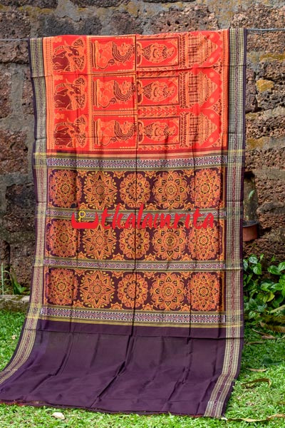 Big Haathi Lions Dancers Orange Sambalpuri Cotton Saree
