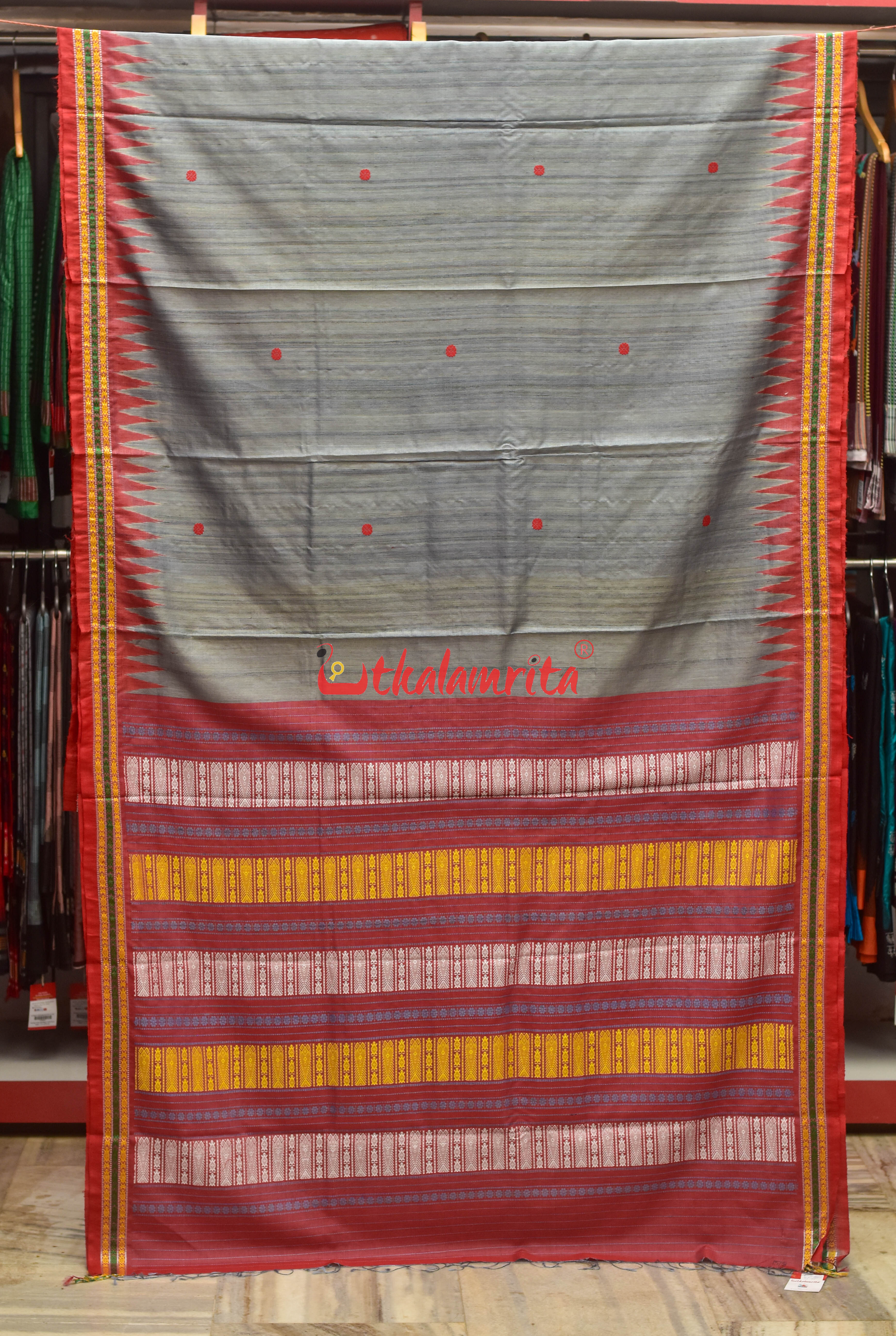 Grey Red Tortoise Border Jaala Anchal Tussar Saree