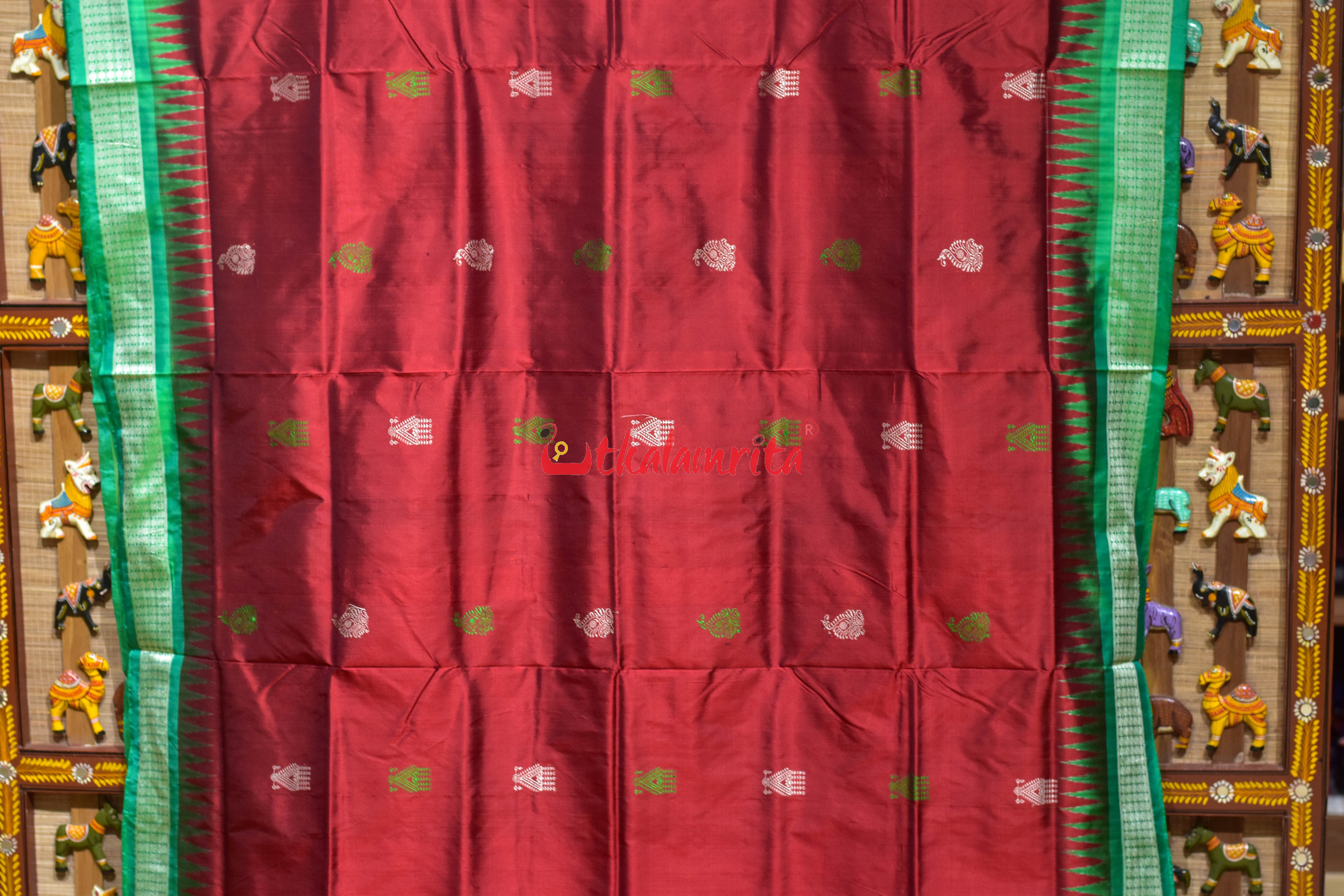 Red Green Tribals Mukuta Bomkai Silk Saree