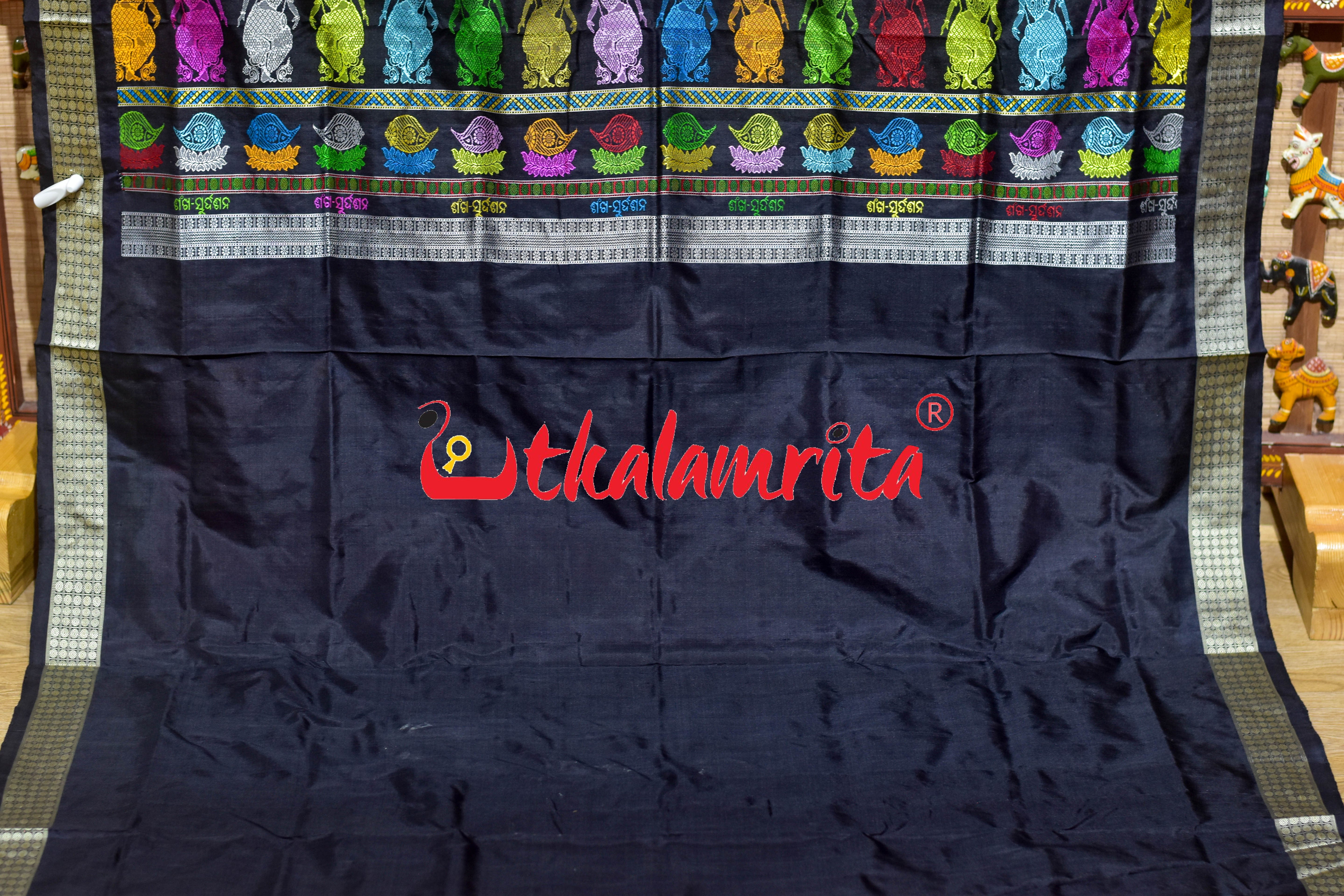 Rani Pink Black Sankha Sudarshana Bomkai Silk Saree