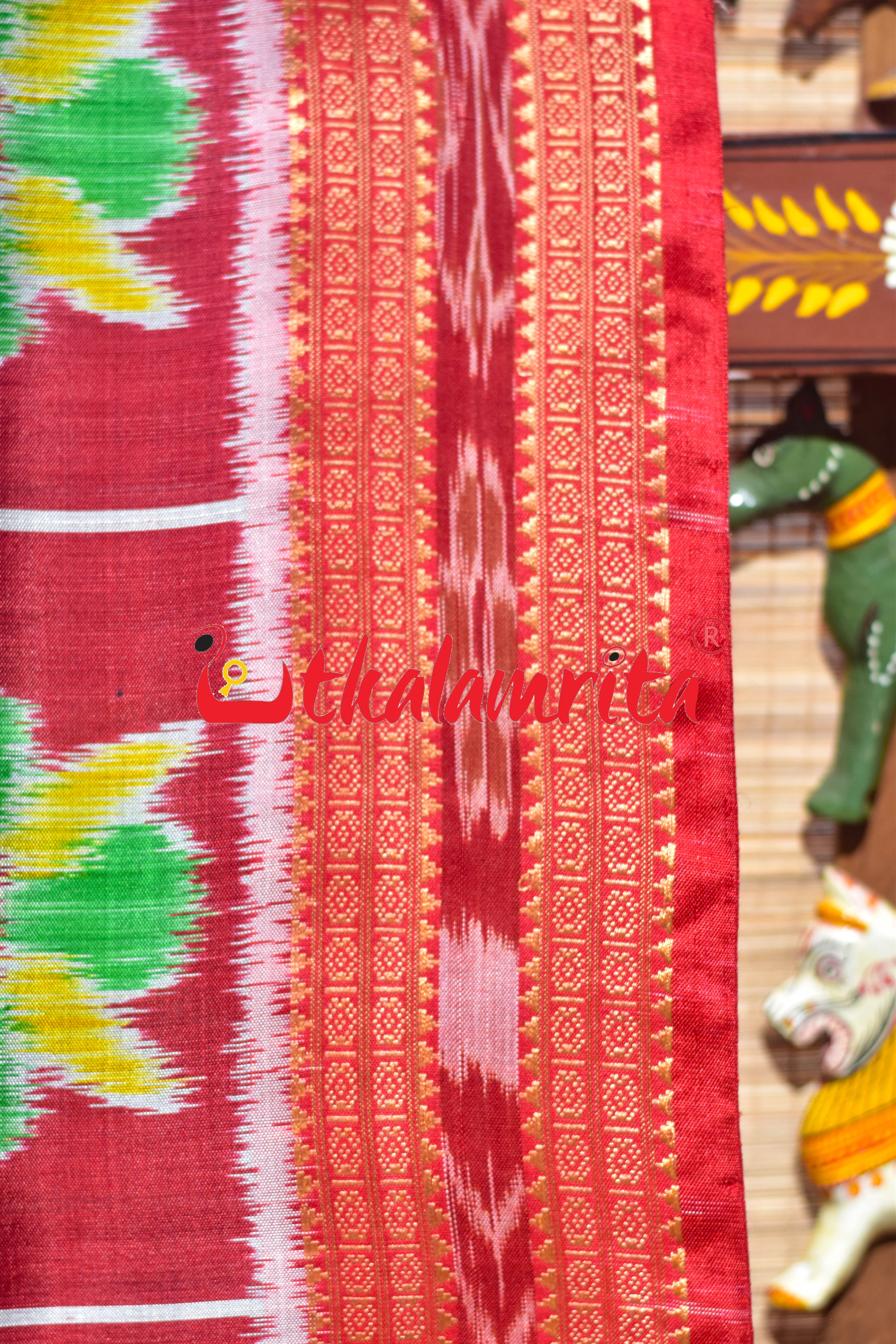 Grey Red Dots Kalash Hathi Border Khandua Silk Saree