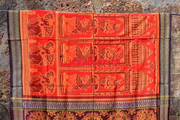 Big Haathi Lions Dancers Orange Sambalpuri Cotton Saree