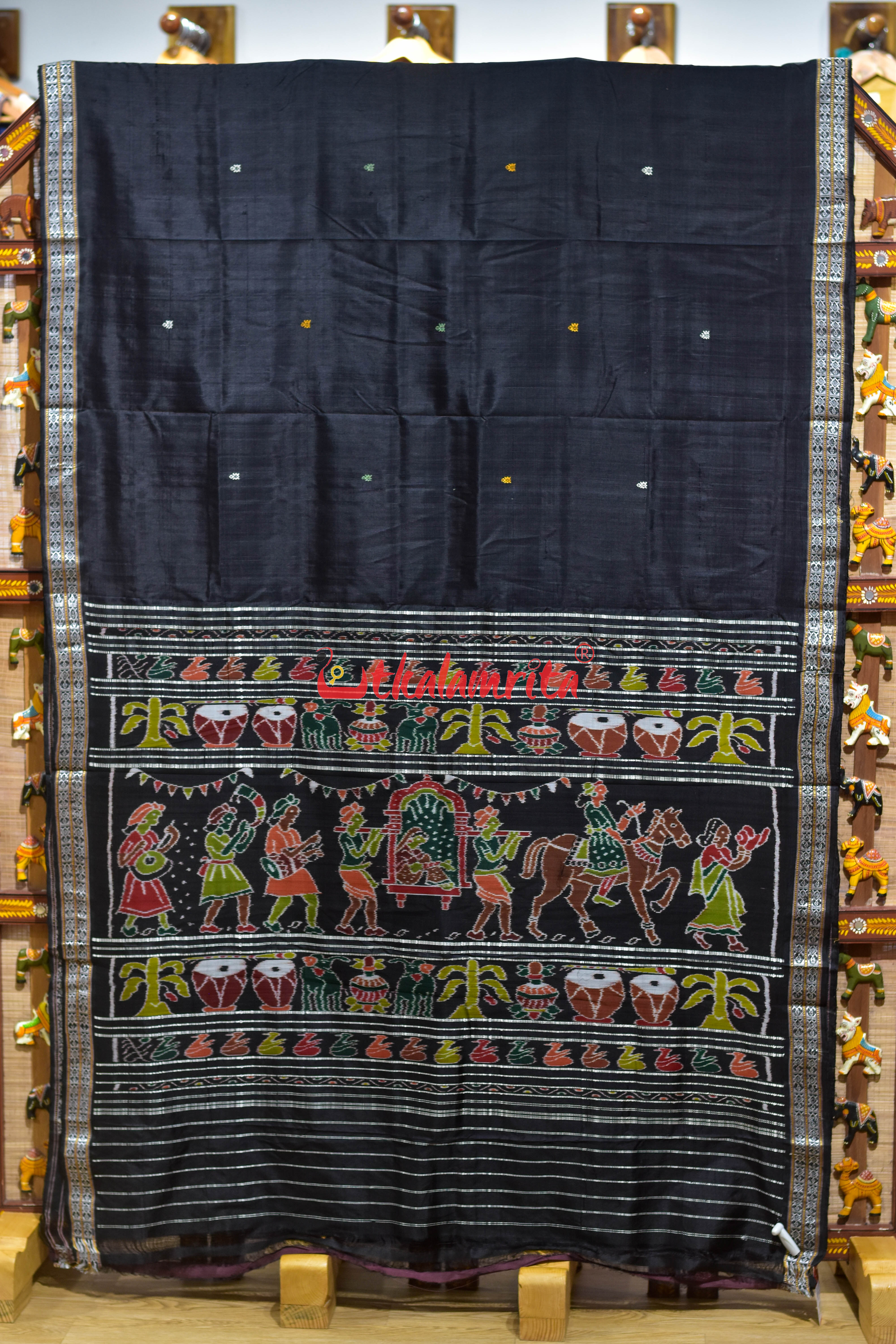 Self Black Turtle Buti Wedding Aanchal Khandua Silk Saree