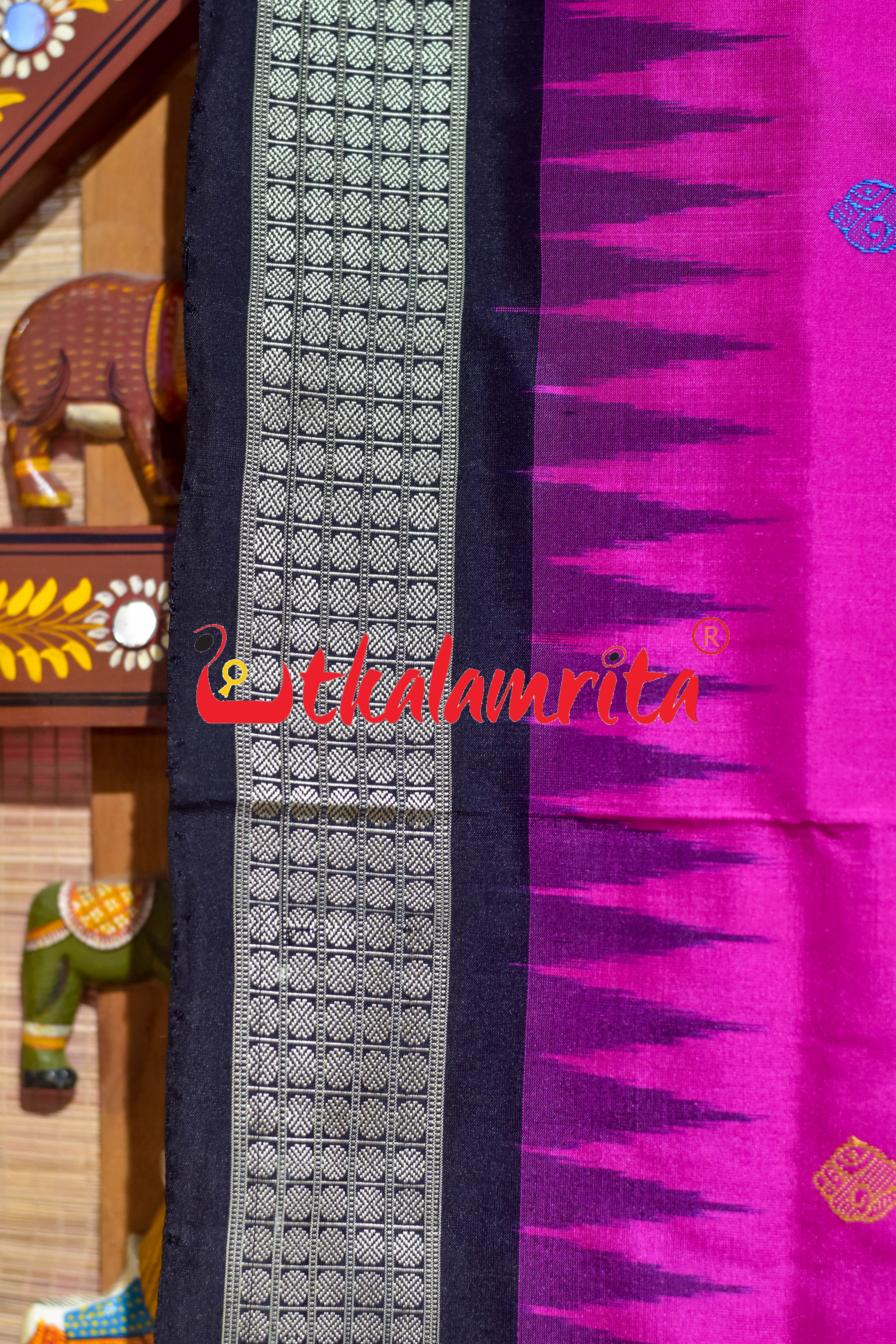 Rani Pink Black Sankha Sudarshana Bomkai Silk Saree