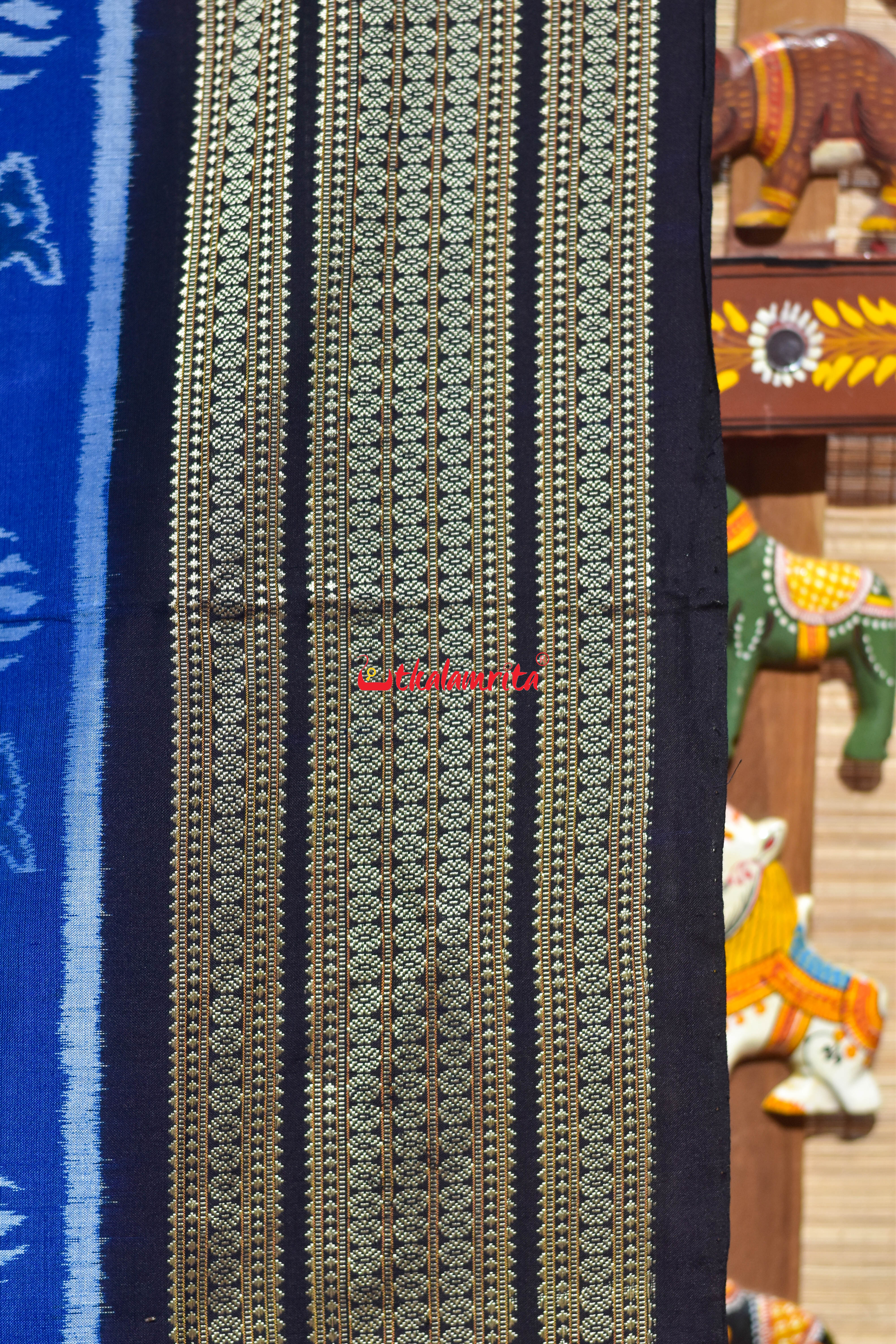 Blue Black 3D Elephant Sambalpuri Cotton Saree