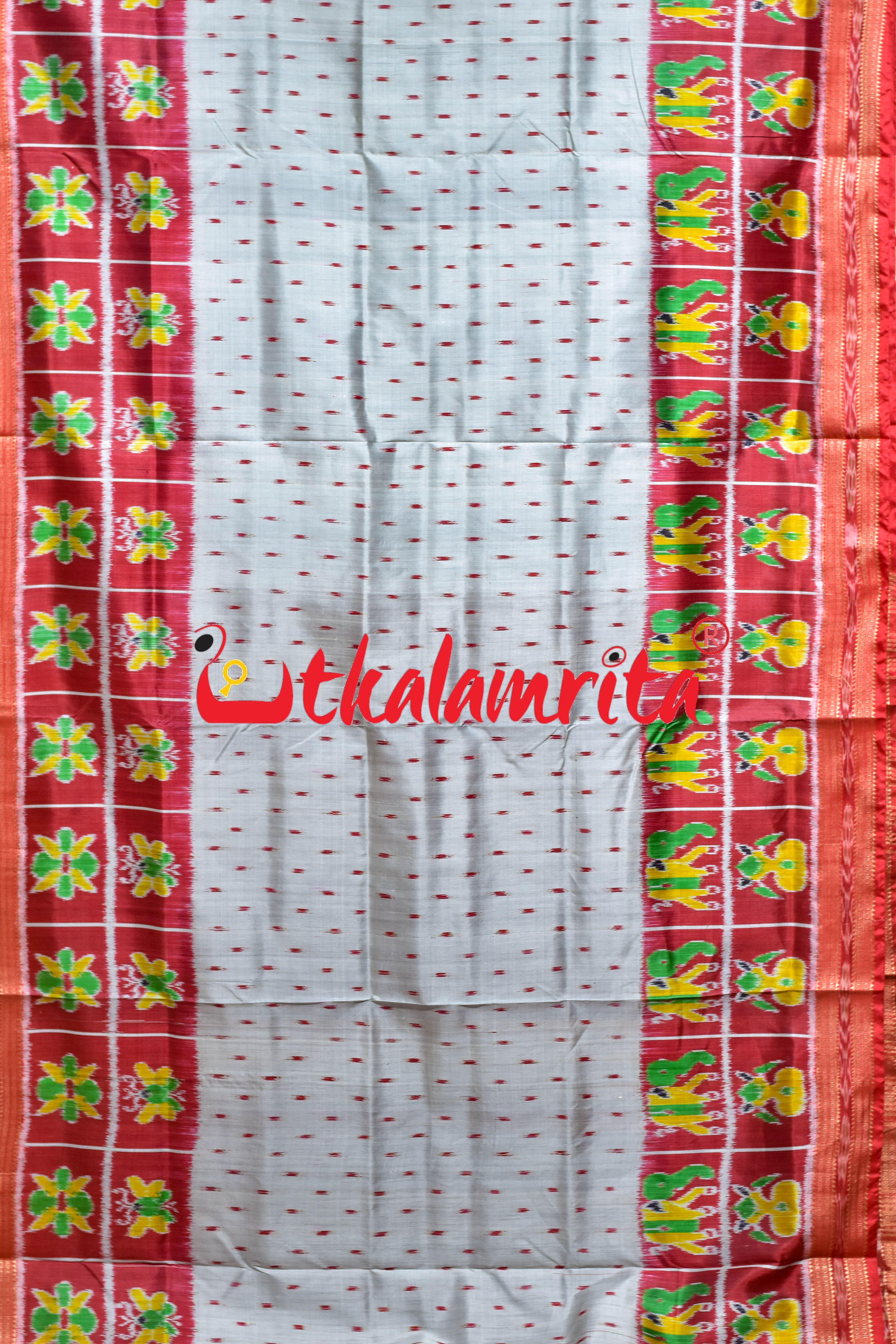 Grey Red Dots Kalash Hathi Border Khandua Silk Saree