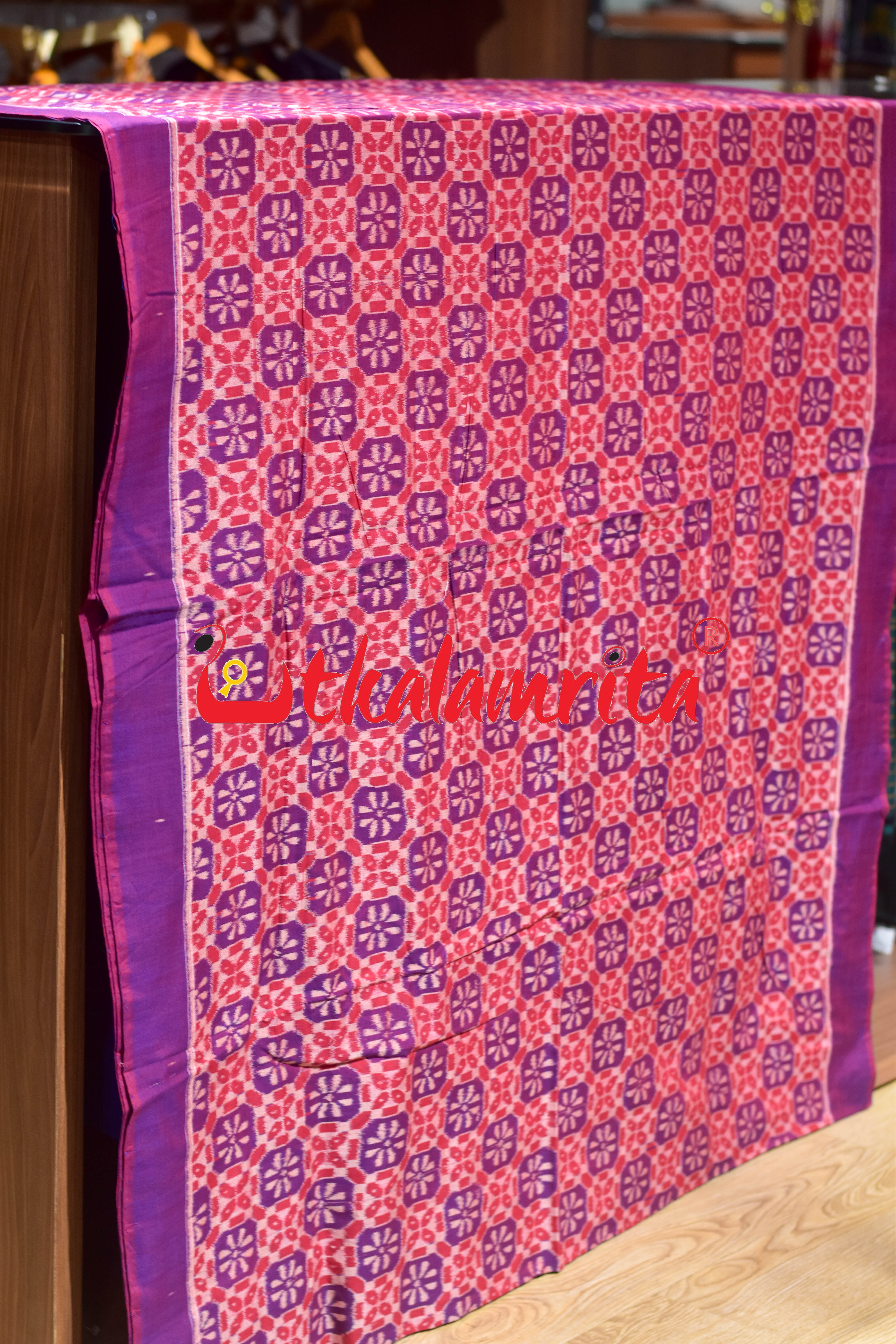 Red Blue 3D Flower Sambalpuri Cotton (Fabric)